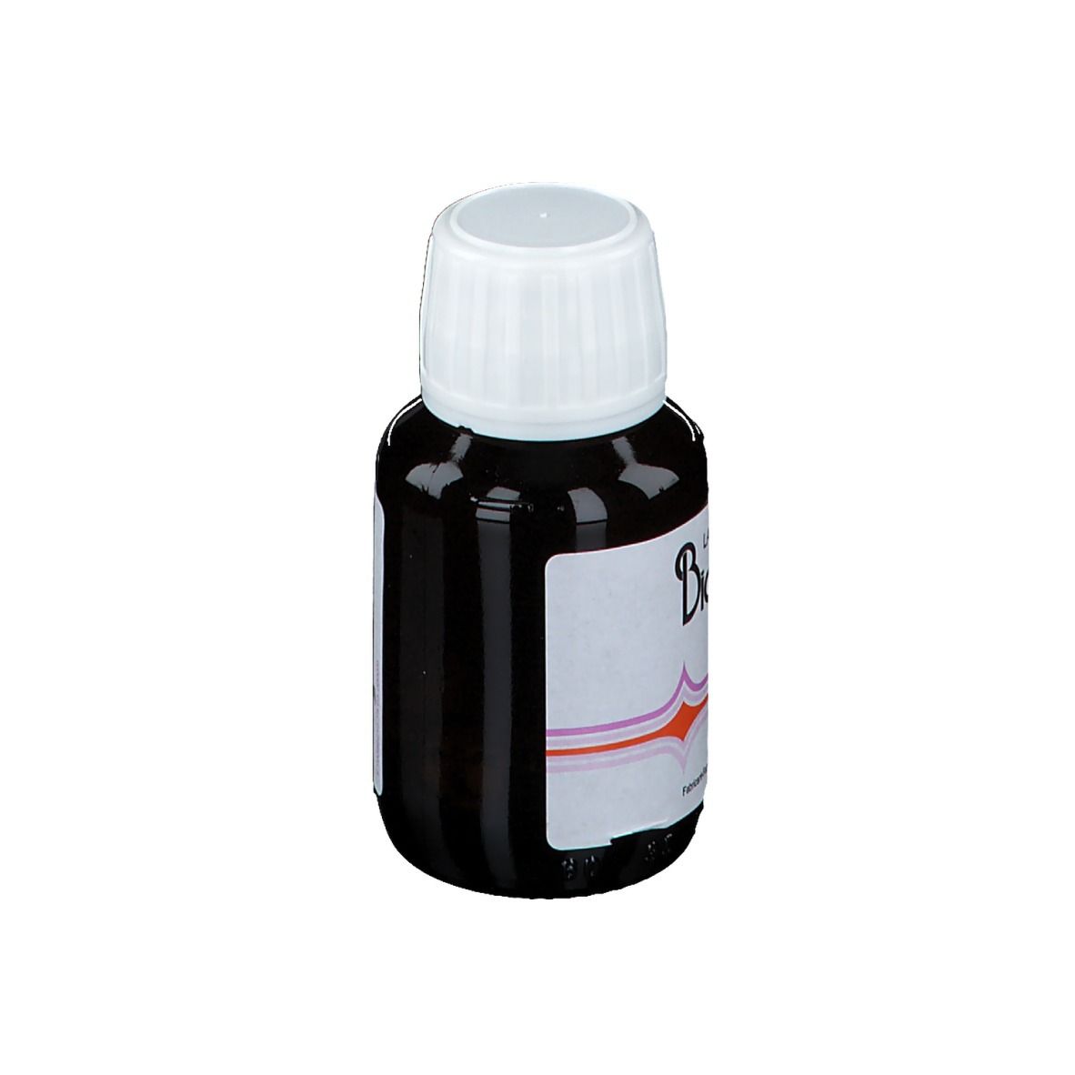 Bruine glazen fles met witte dop. Etiket met "Biogam".