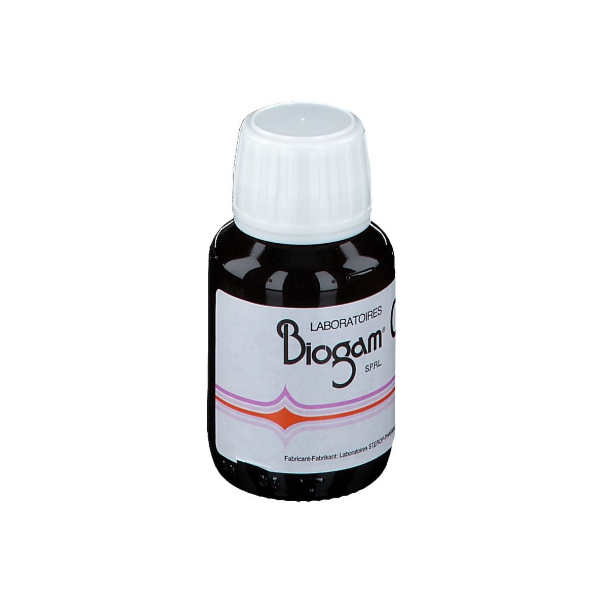 Bruine glazen fles met witte dop. Etiket met "Biogam Cu".