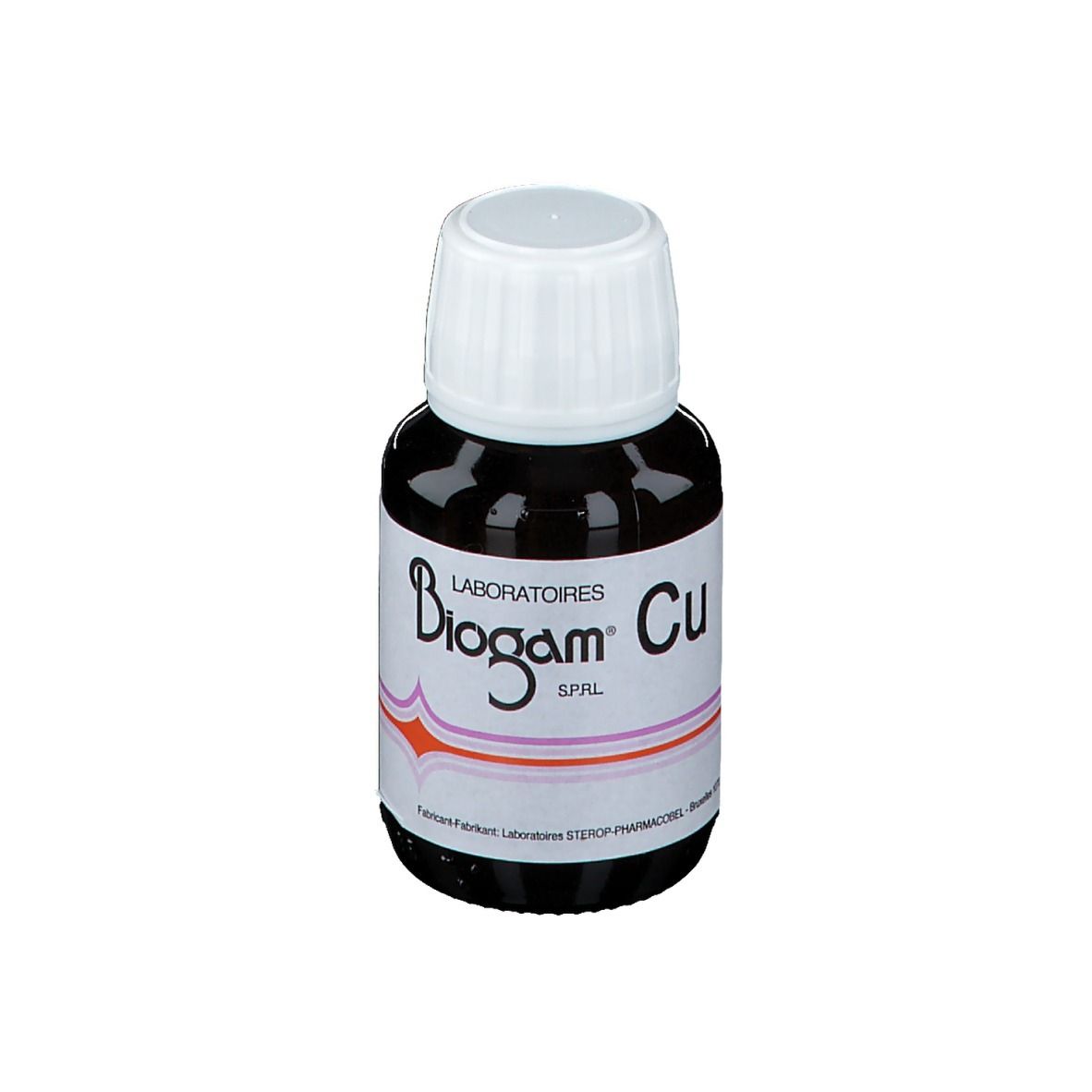 Bruine glazen fles met witte dop. Etiket met "Biogam Cu".