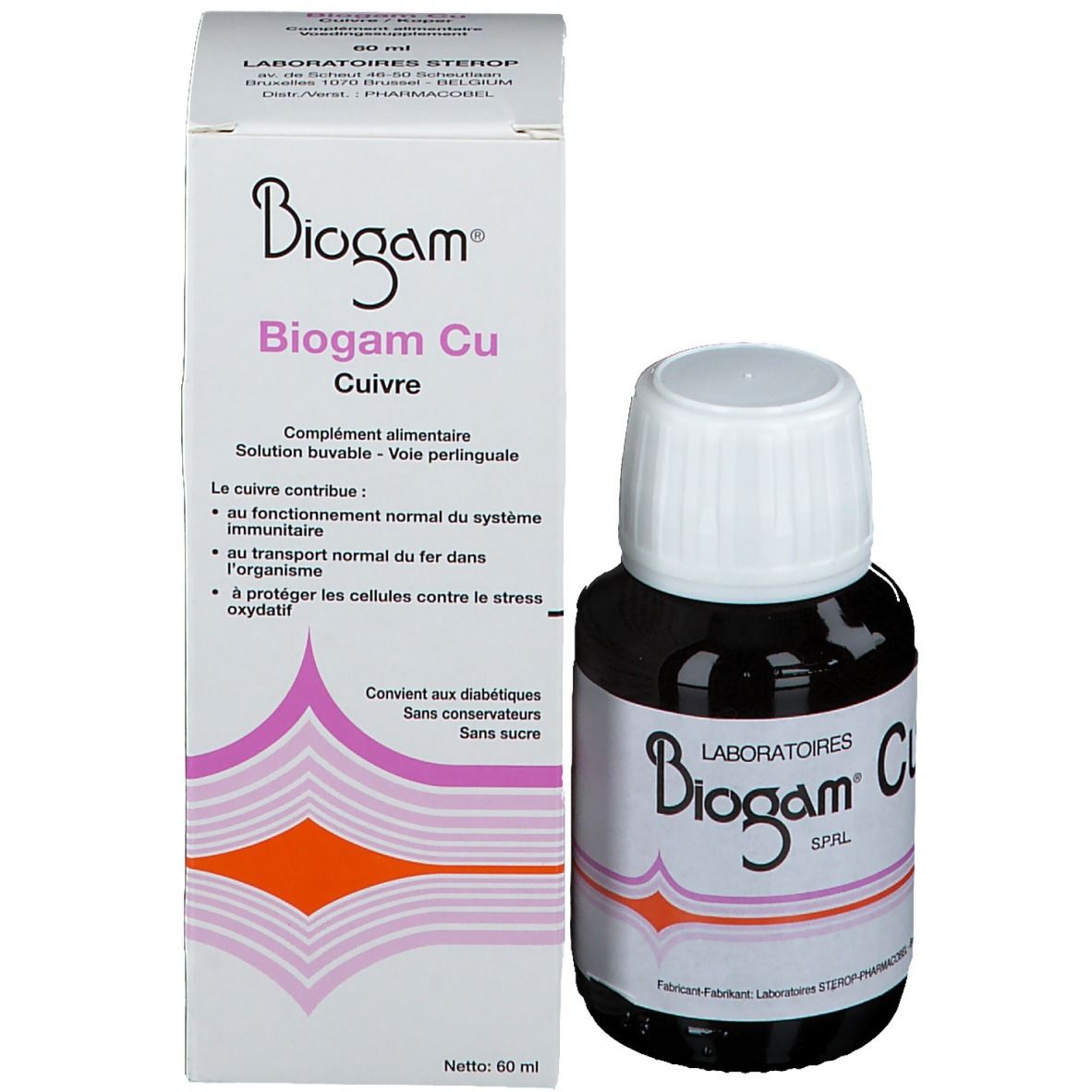 Productverpakking met fles. Opschrift "Biogam Cu".