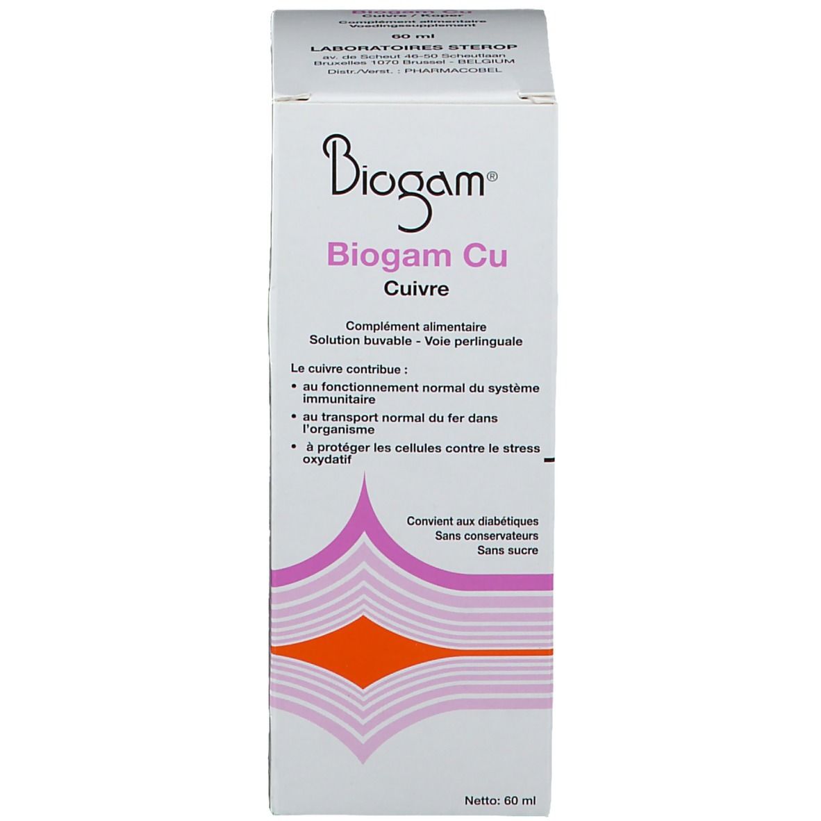 Productverpakking met fles. Opschrift "Biogam Cu".