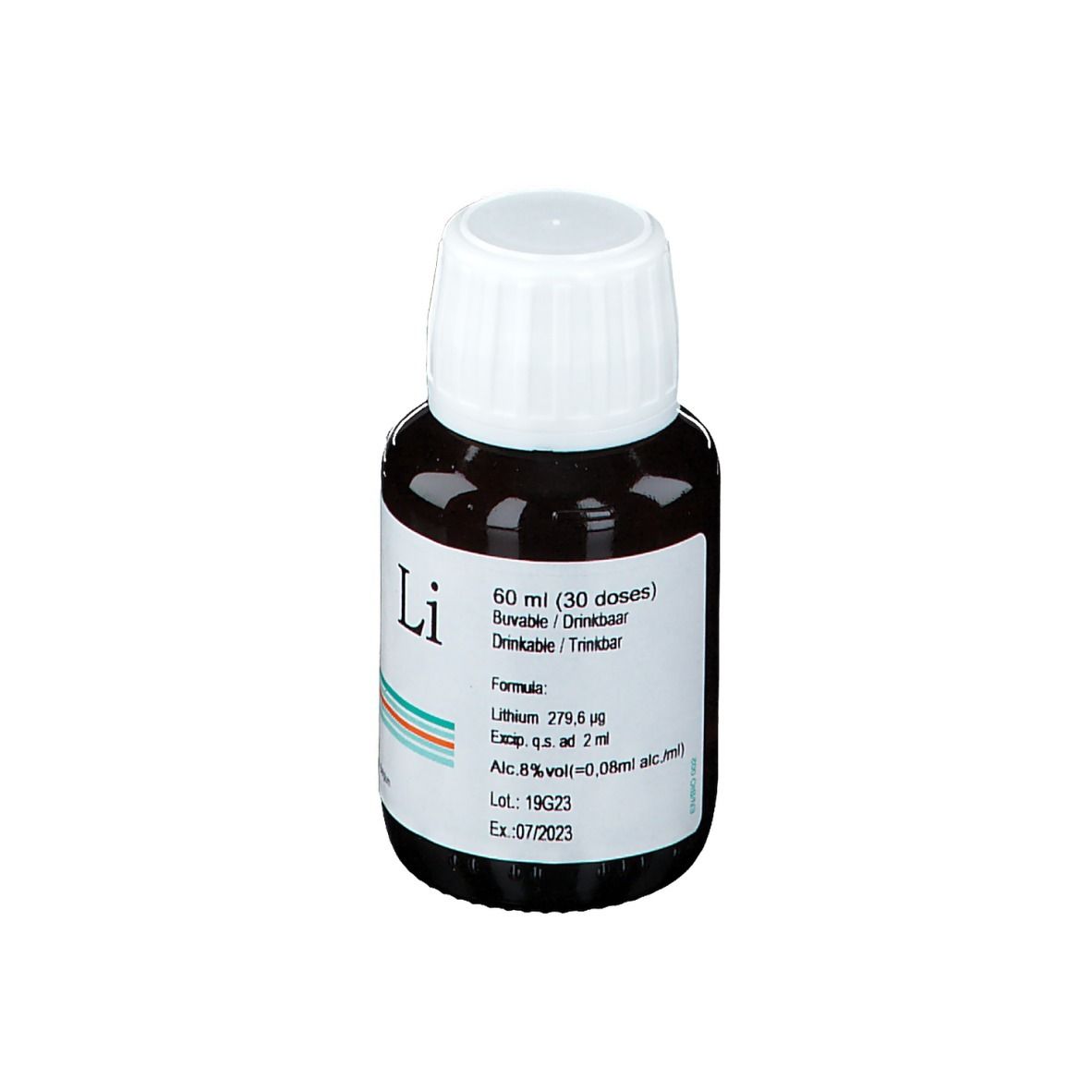 Flacon brun avec bouchon blanc. Étiquette avec 'Li', informations de dosage et ingrédients. Date d'expiration.
