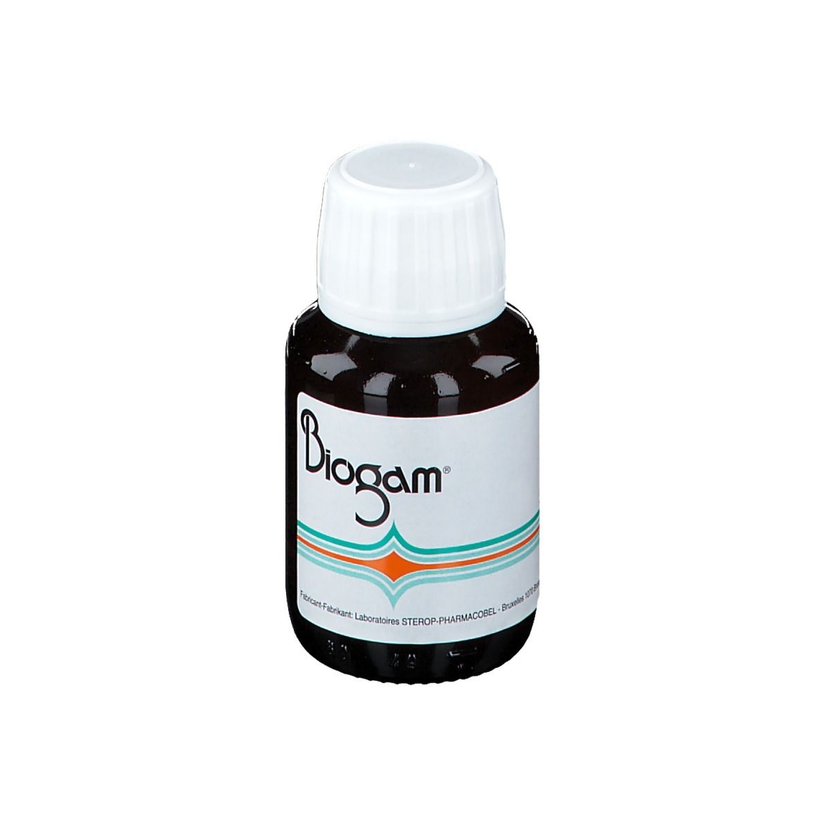 Flacon brun avec bouchon blanc. Étiquette avec logo Biogam et texte. Informations du fabricant.