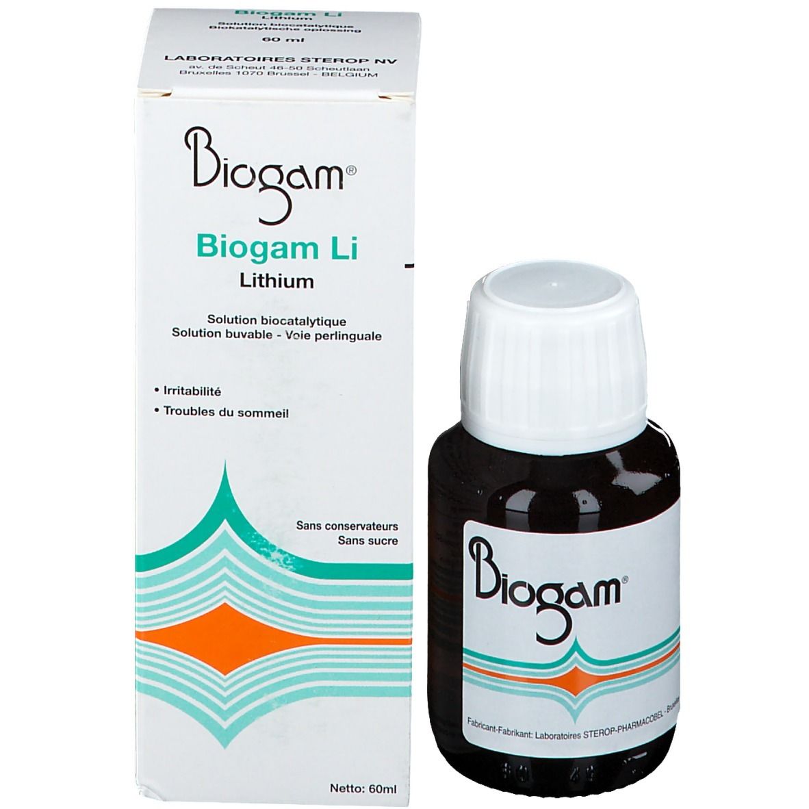 Emballage et flacon. Emballage avec Biogam Li, Lithium et informations produit. Flacon à côté.