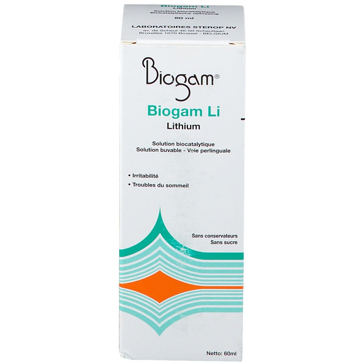 Emballage du produit. Emballage avec Biogam Li, Lithium et informations produit. Sans conservateurs, sans sucre.