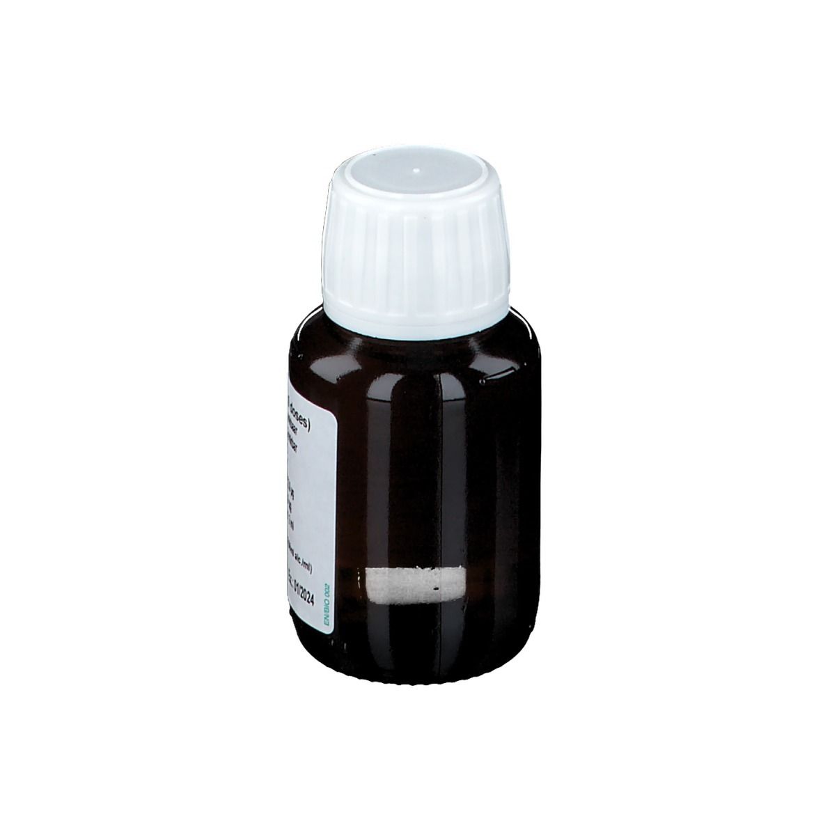 Braune Glasflasche mit weißem Deckel. Keine sichtbaren Etiketten oder Beschriftungen.