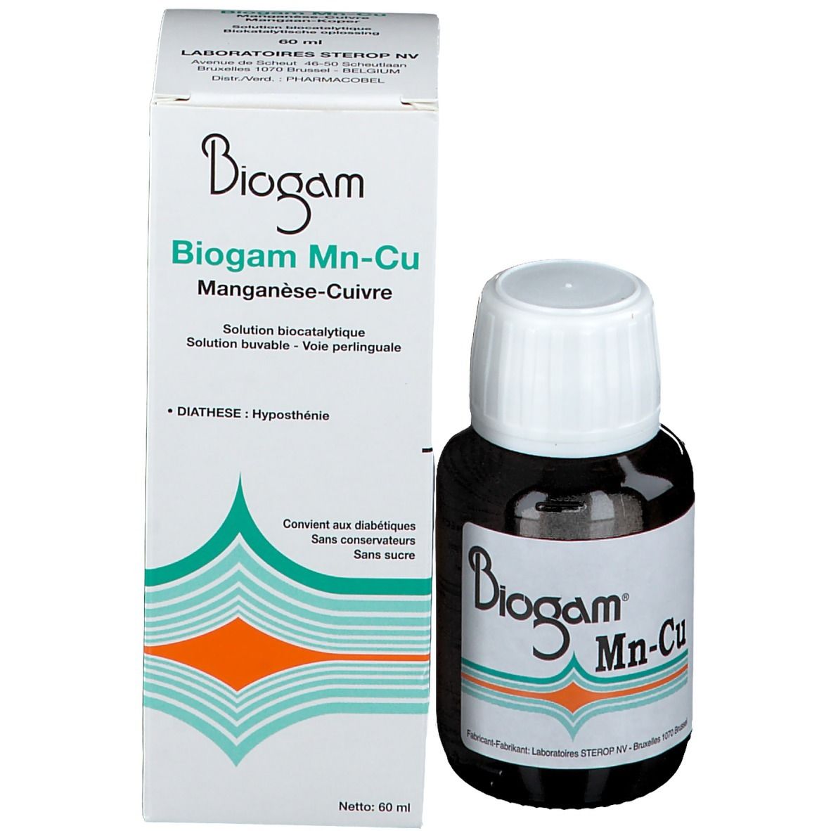 Produktverpackung mit Flasche. Auf der Verpackung steht "Biogam Mn-Cu" und Informationen.