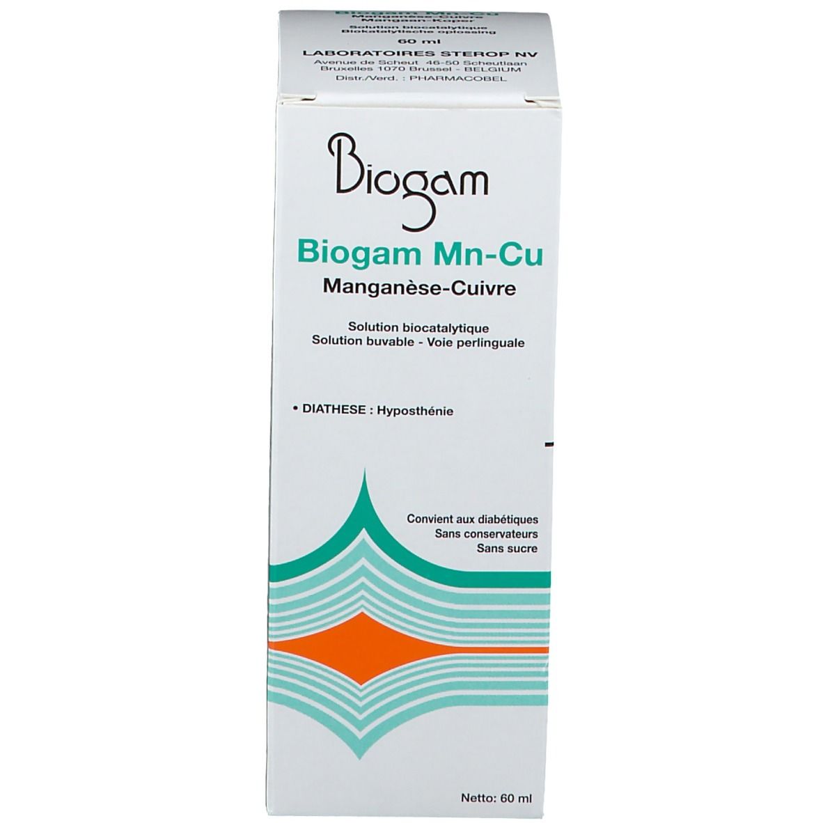 Produktverpackung. Auf der Verpackung steht "Biogam Mn-Cu" und Informationen.