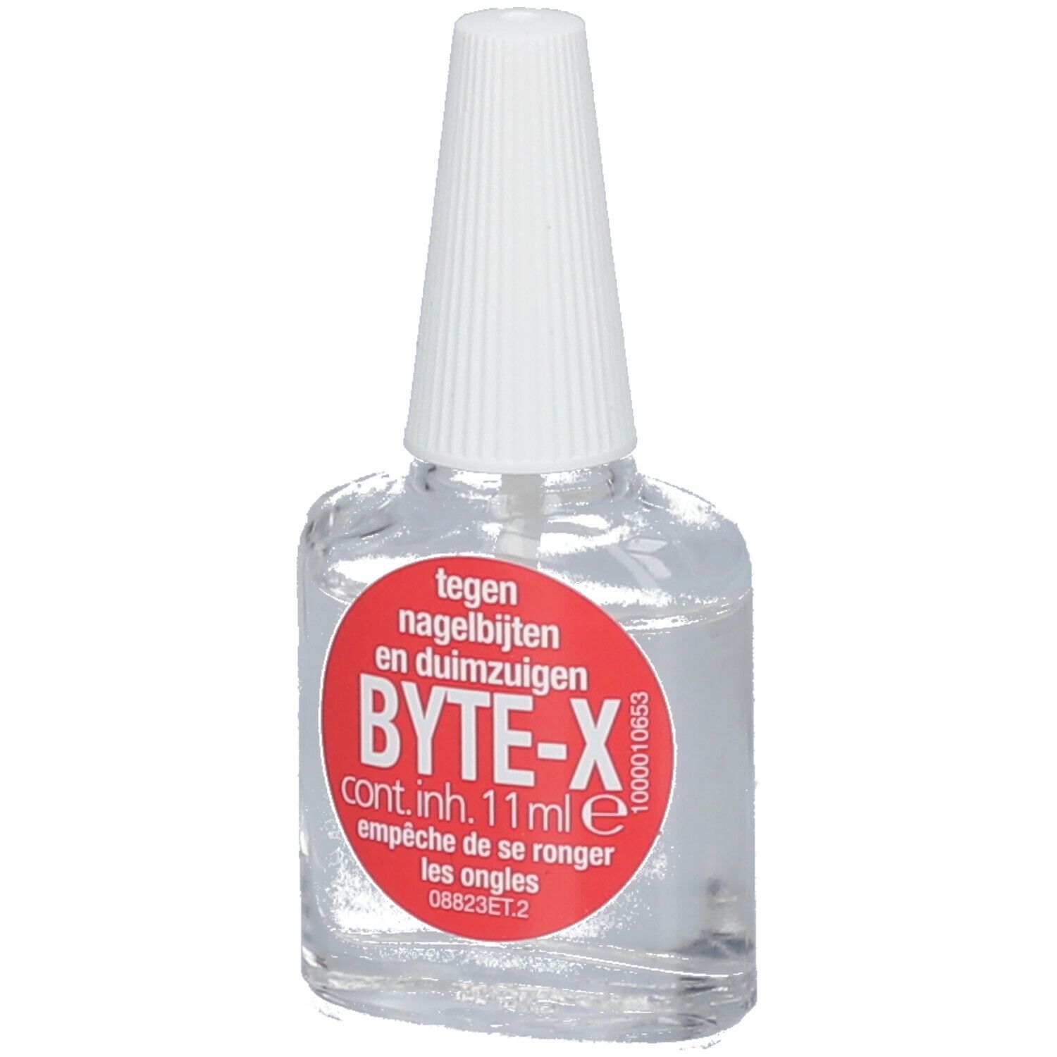 Transparante vloeistof in glazen fles met witte dop. Rode sticker met tekst: BYTE-X, tegen nagelbijten.