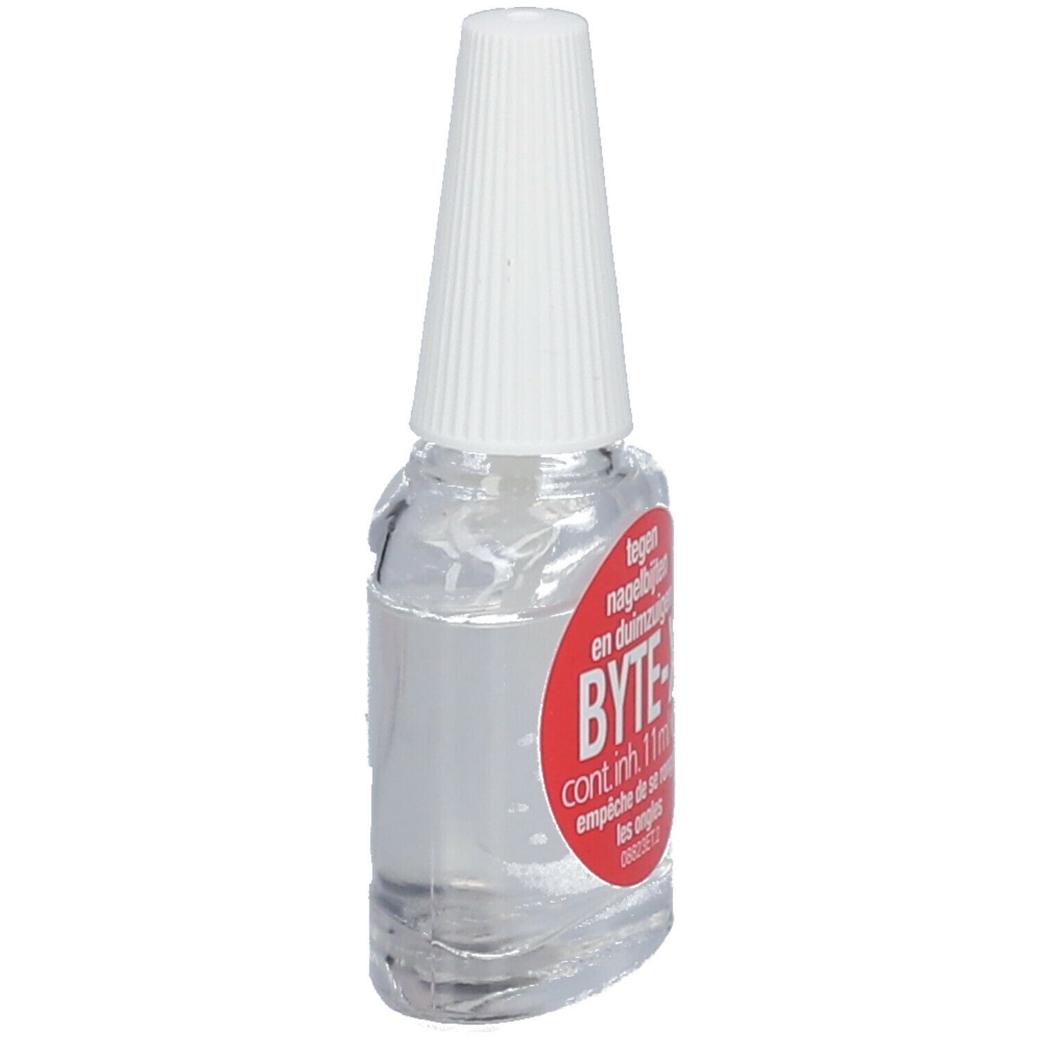 Glazen fles met heldere vloeistof en witte dop. Rode sticker met tekst: BYTE-X, tegen nagelbijten.