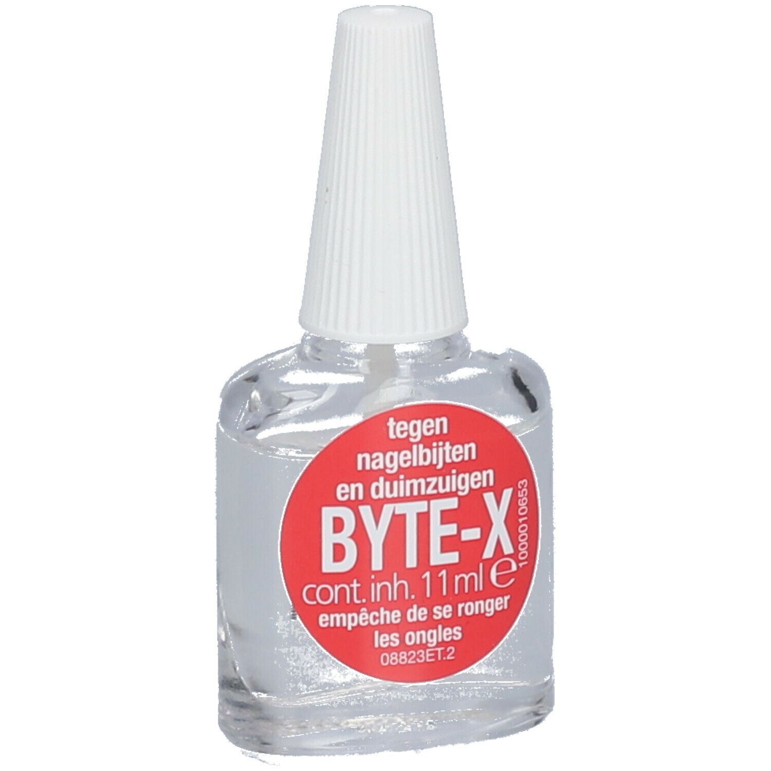 Glazen fles met heldere vloeistof en witte dop. Rode sticker met tekst: BYTE-X, tegen nagelbijten.