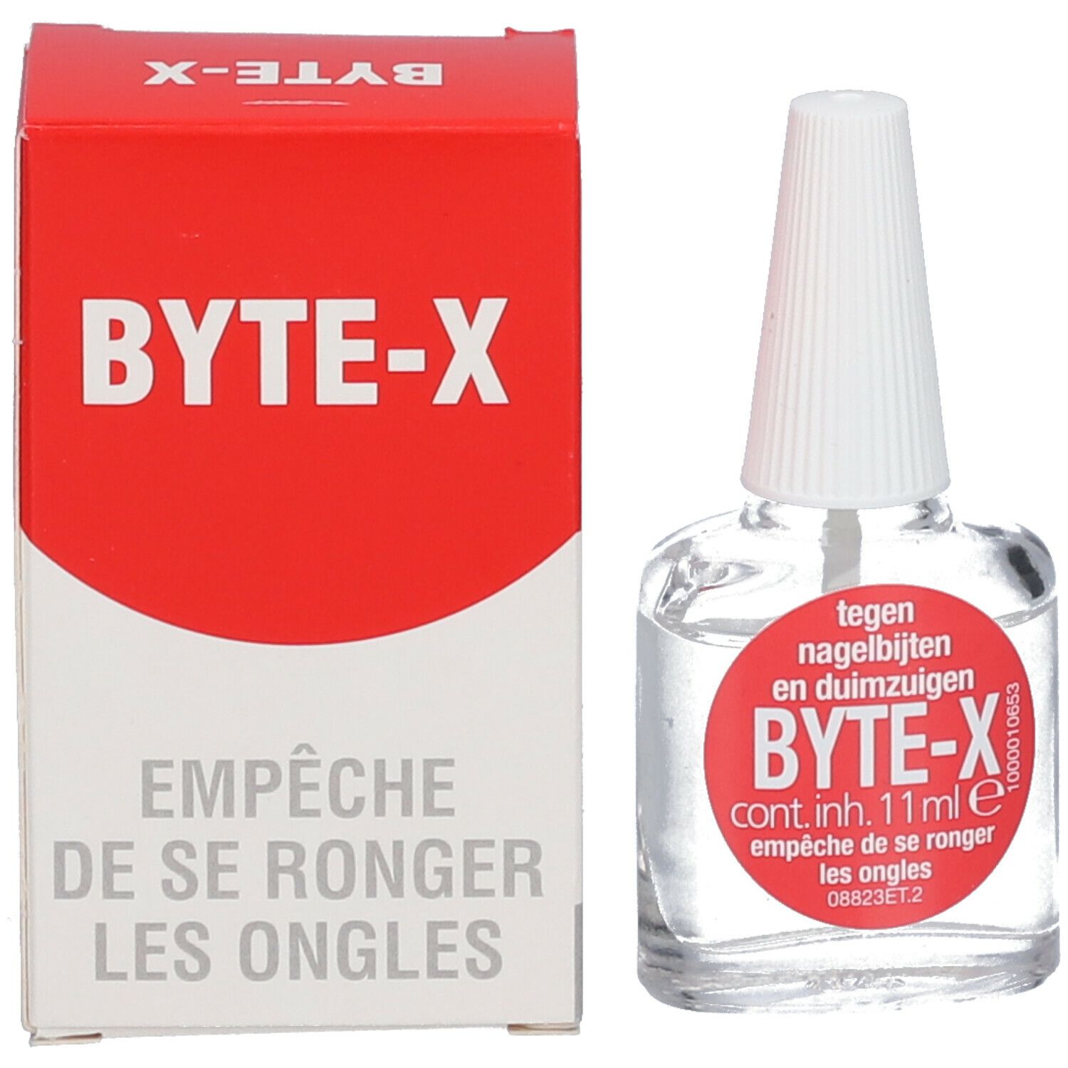 Glazen fles met heldere vloeistof en witte dop, naast een rode doos. Op de doos staat BYTE-X.