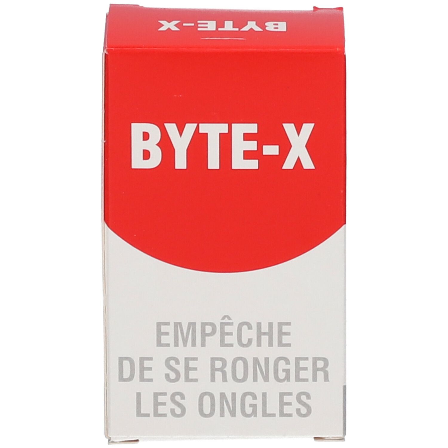 Rode doos met witte tekst: BYTE-X. Op de doos staat: Empêche de se ronger les ongles.
