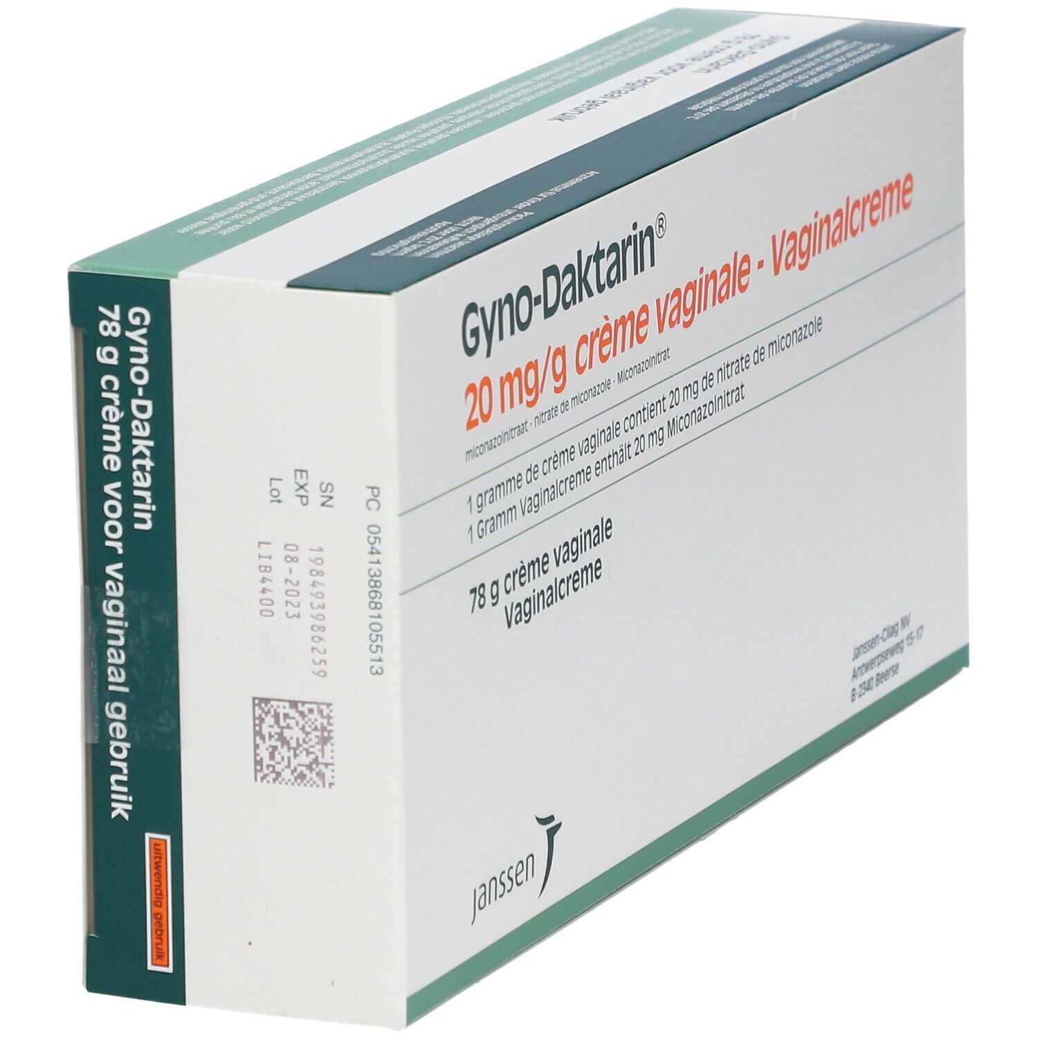 Doos Gyno-Daktarin 20 mg/g vaginale crème. 78 g crème. Vervaldatum en lotnummer. Janssen-logo.