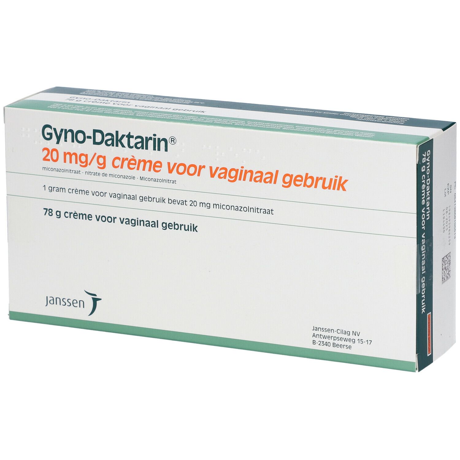 Doos Gyno-Daktarin 20 mg/g crème voor vaginaal gebruik. 78 g crème. Janssen-logo.