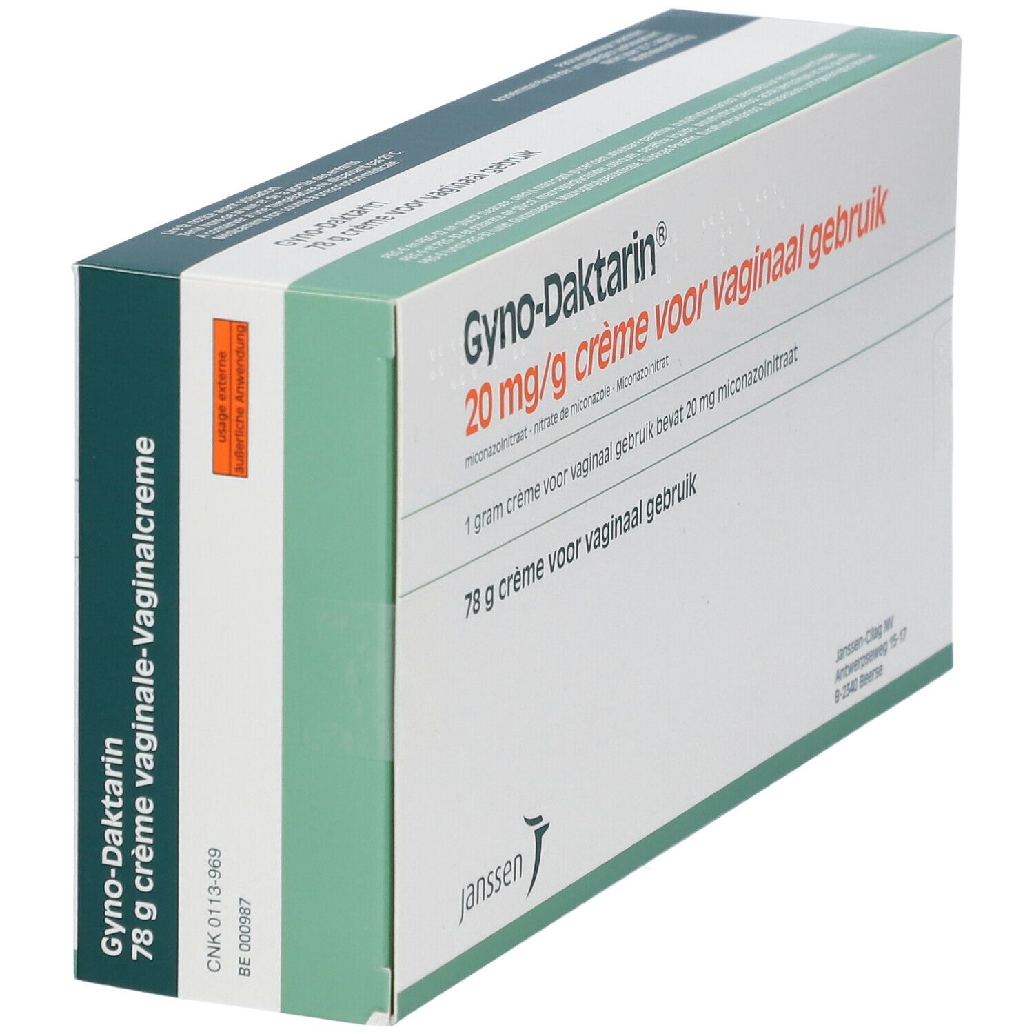 Doos Gyno-Daktarin 20 mg/g crème voor vaginaal gebruik. 78 g crème. Janssen-logo.