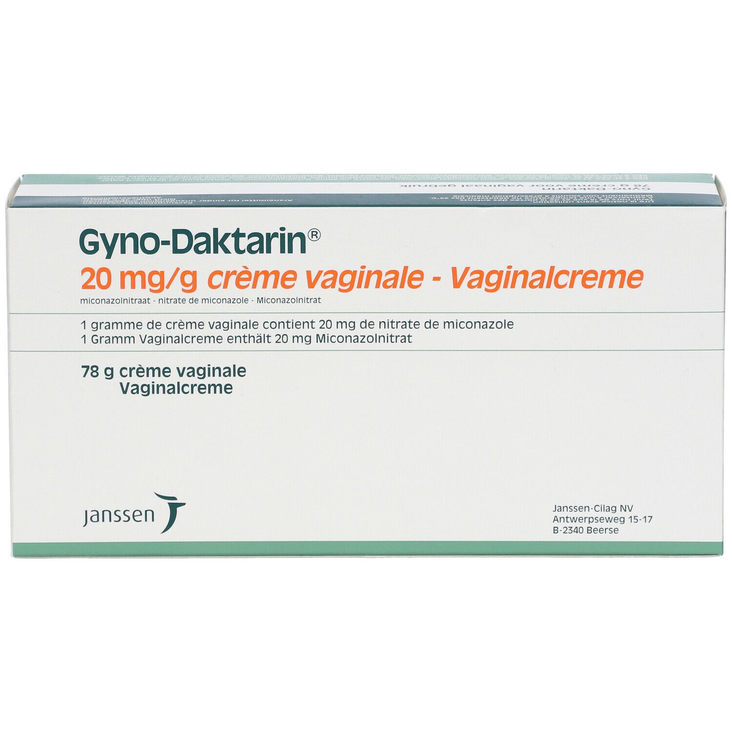 Doos Gyno-Daktarin 20 mg/g vaginale crème. Bevat 78 g crème. Janssen-logo.