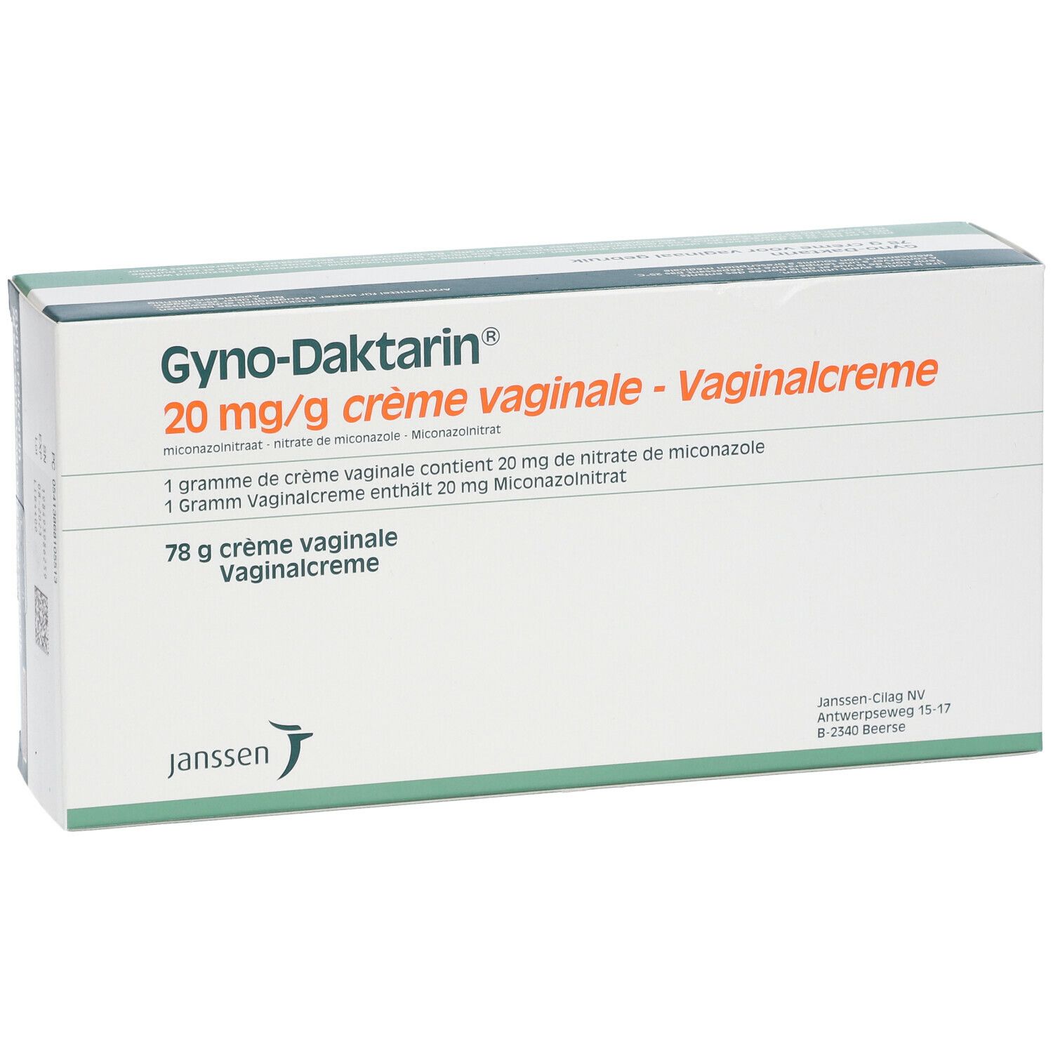 Doos Gyno-Daktarin 20 mg/g vaginale crème. Bevat 78 g crème. Janssen-logo.