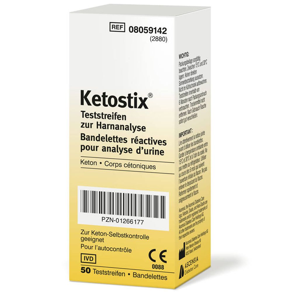 Boîte de bandelettes Ketostix pour analyse d'urine. Inscription: Teststreifen zur Harnanalyse. 50 bandelettes. Marque CE.