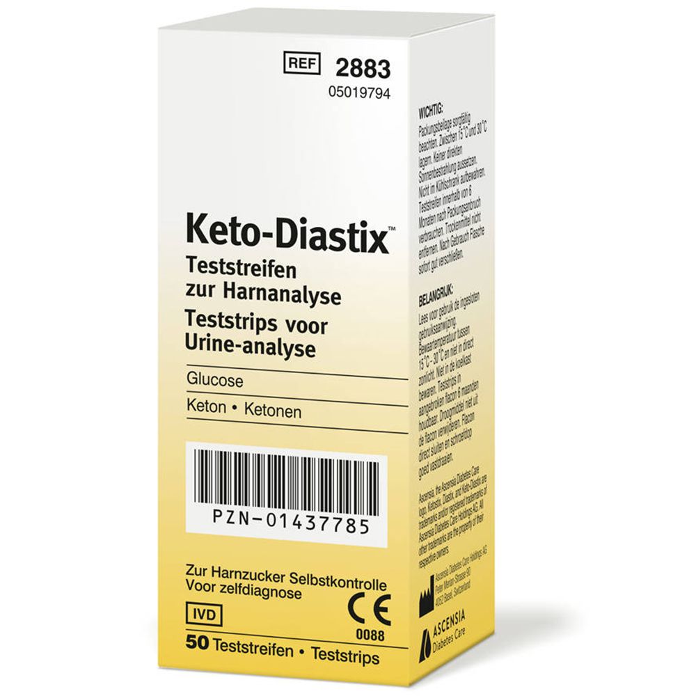 Boîte de bandelettes Keto-Diastix. Contient 50 bandelettes. Inscriptions: Glucose, Cétone. Marquage CE.