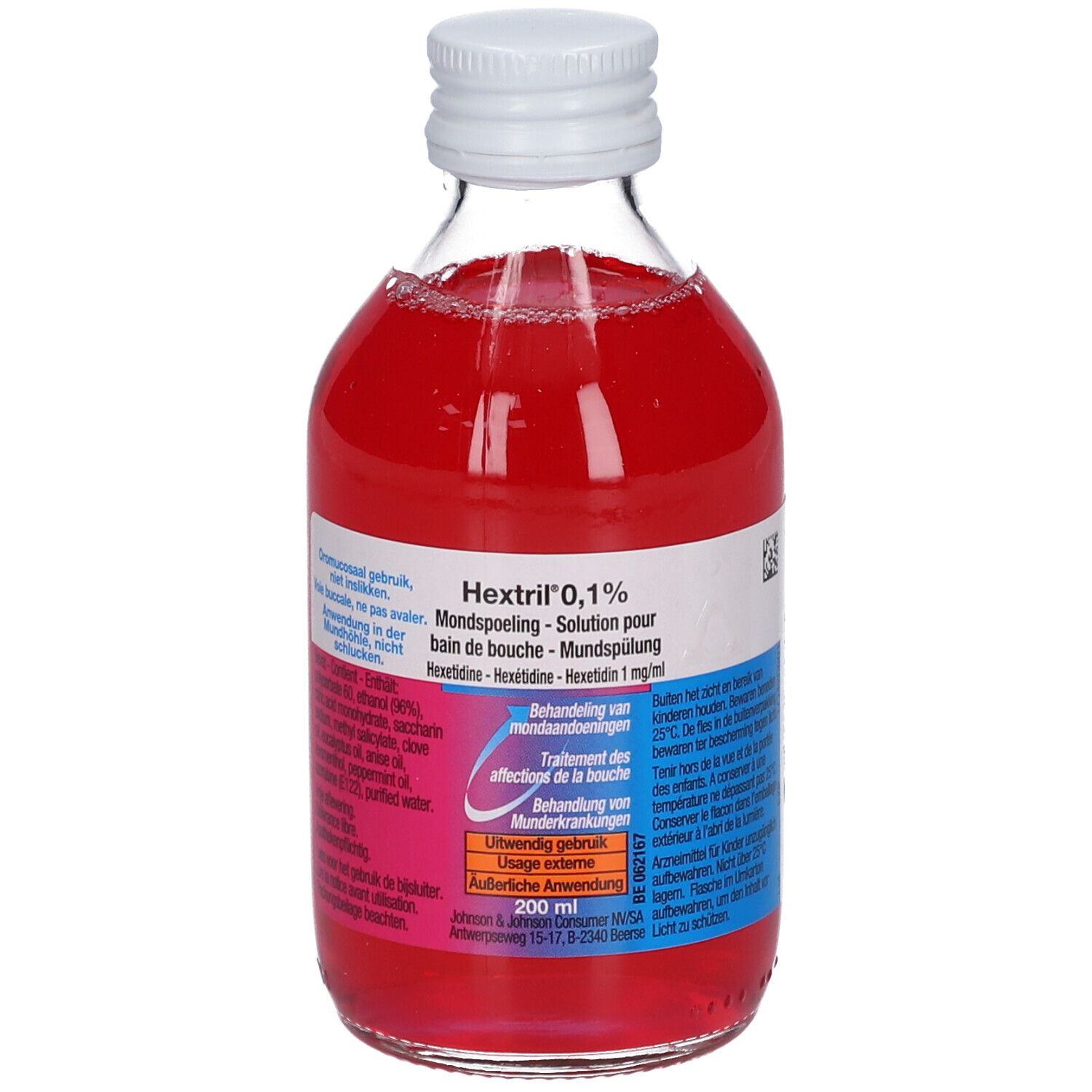Hextril 0,1% mondspoeling in glazen fles. Rode vloeistof. Witte dop. Etiket met productinfo.
