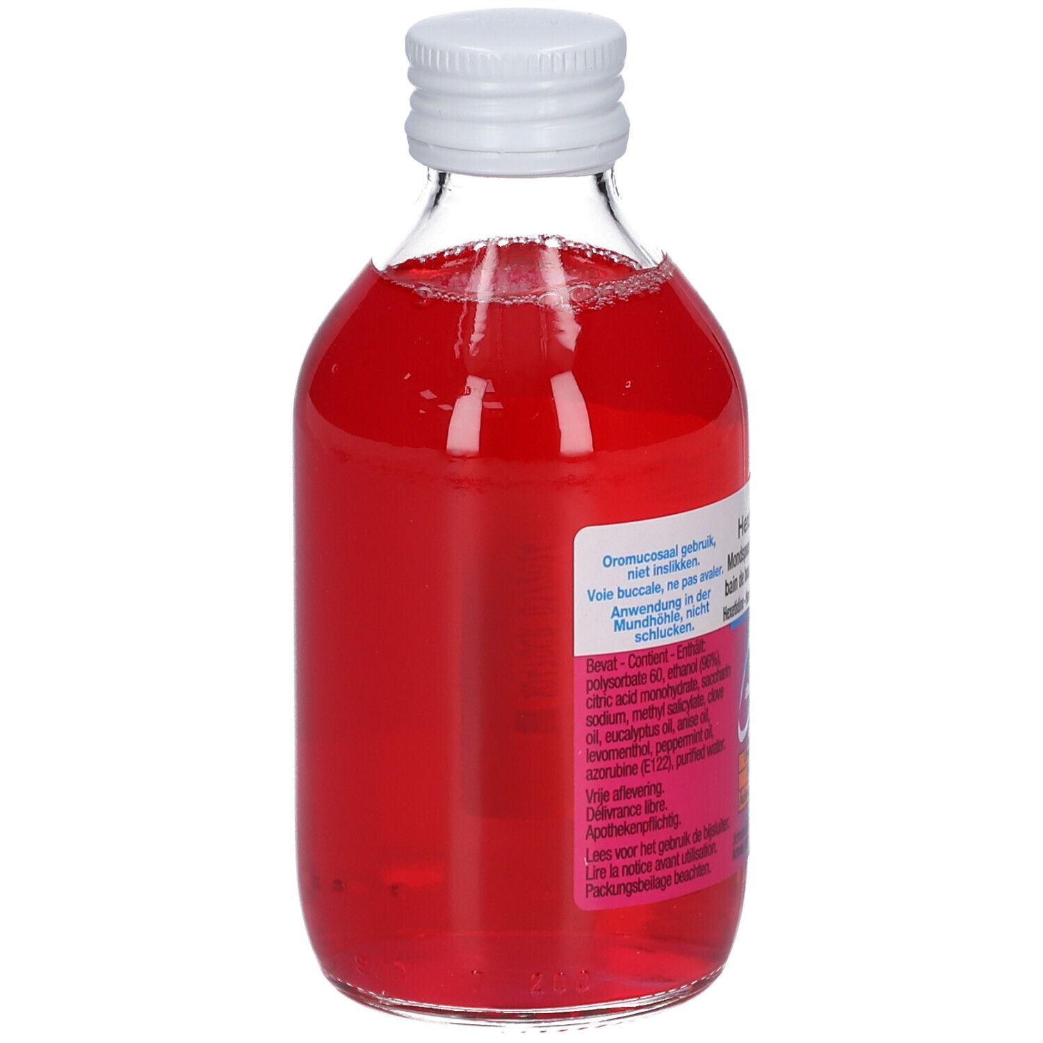 Achterkant van Hextril 0,1% mondspoeling. Glazen fles, rode vloeistof, witte dop. Etiket zichtbaar.