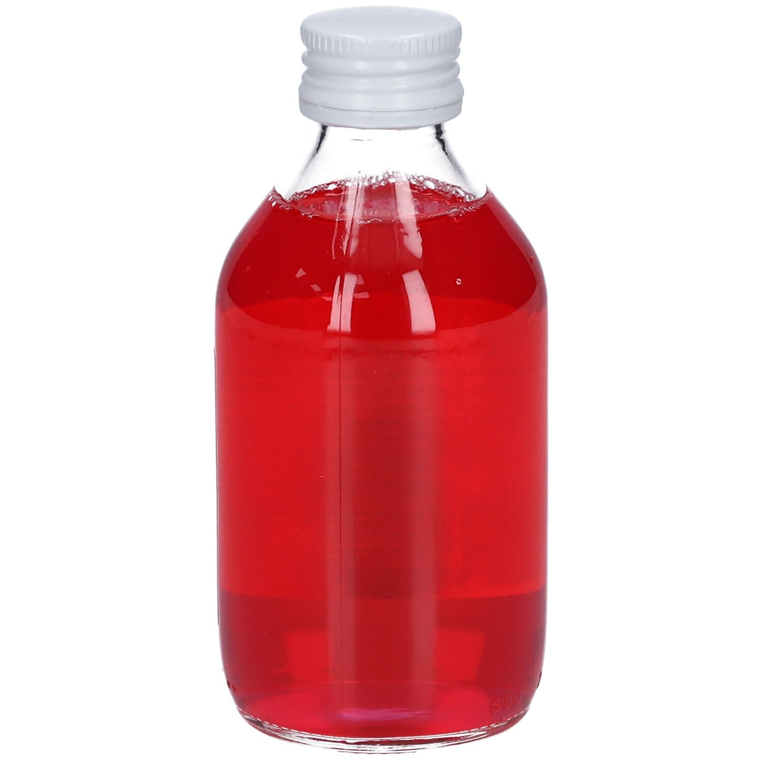 Hextril 0,1% mondspoeling. Glazen fles, rode vloeistof, witte dop. Etiket met productinfo.