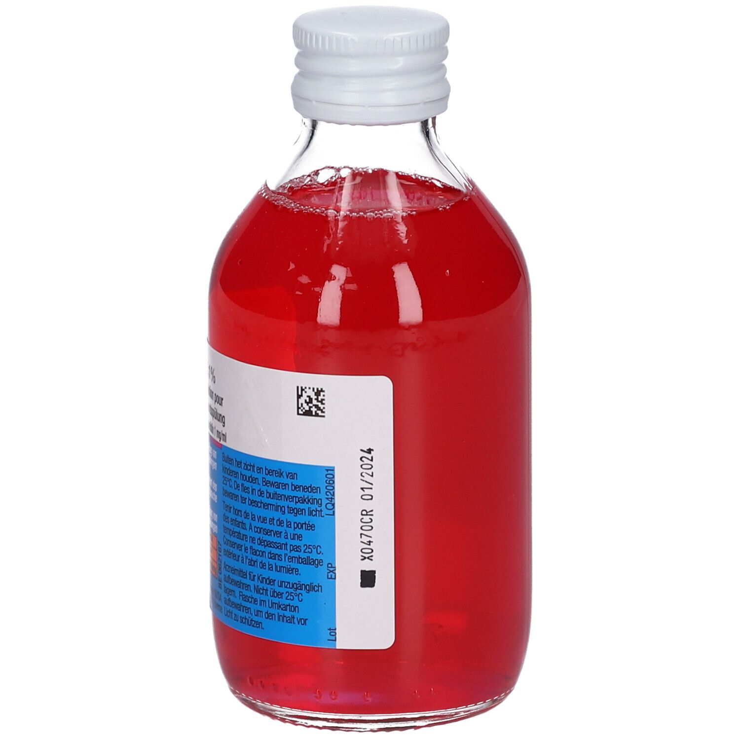 Hextril 0,1% mondspoeling. Glazen fles, rode vloeistof, witte dop. Etiket met productinfo.