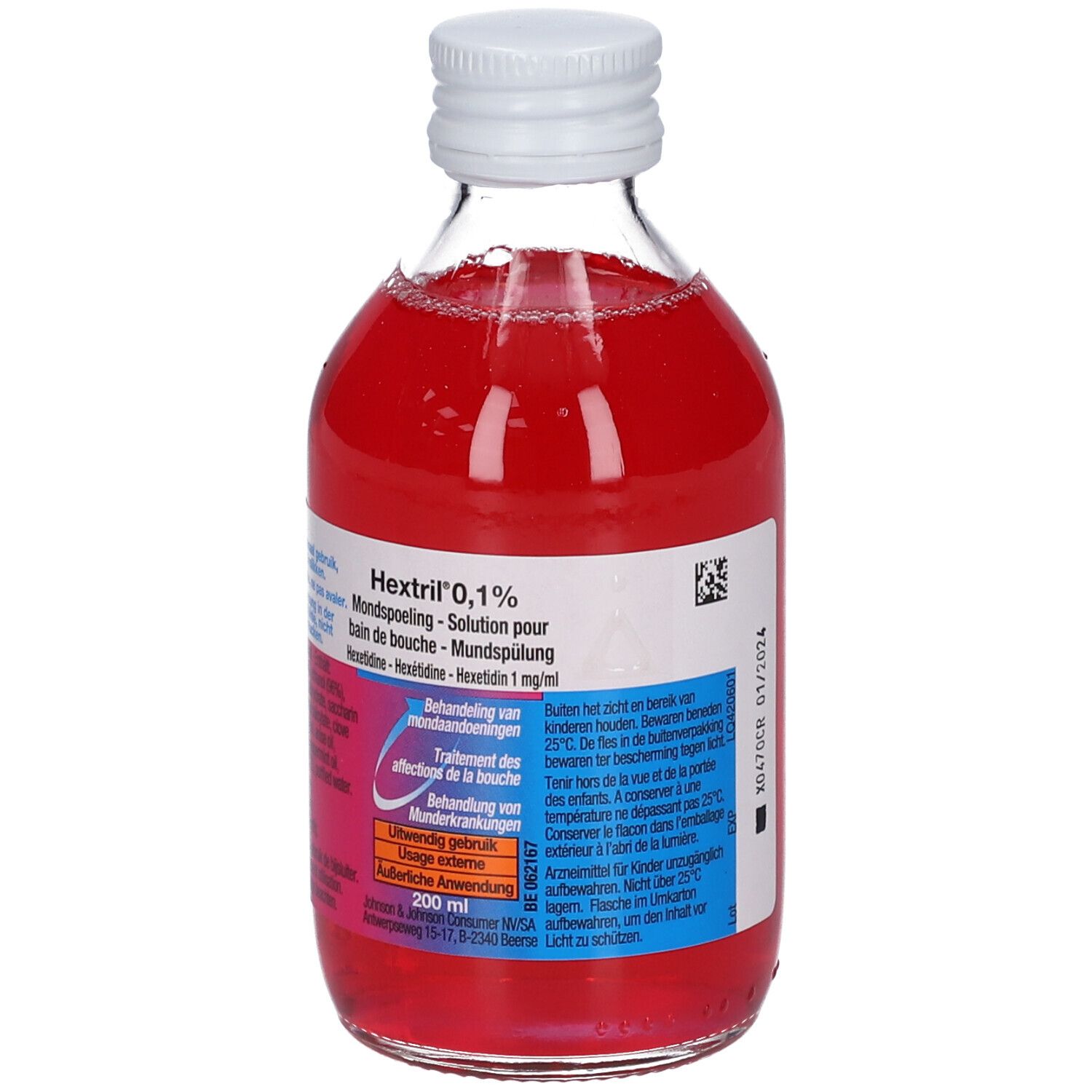 Hextril 0,1% mondspoeling in glazen fles. Rode vloeistof. Witte dop. Etiket met productinfo.