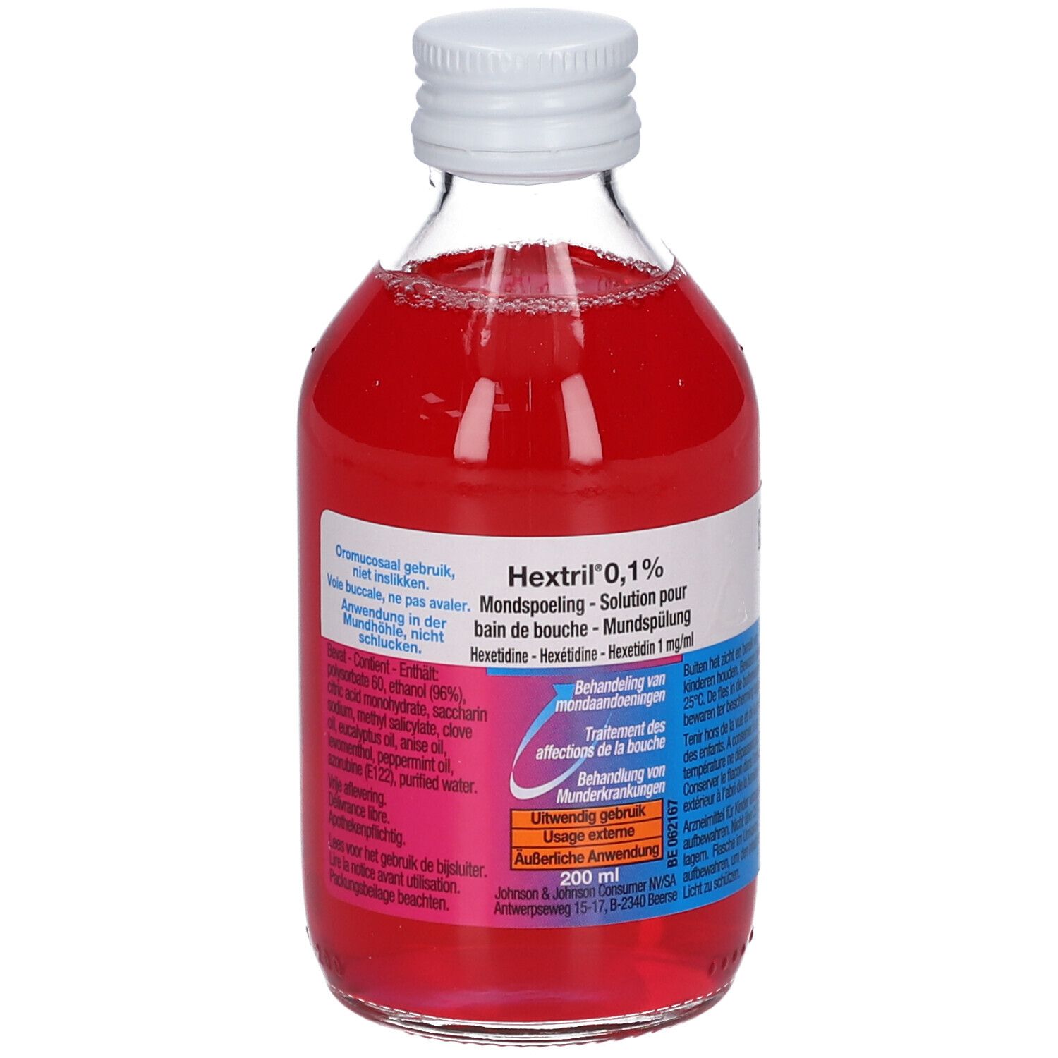Hextril 0,1% mondspoeling in glazen fles. Rode vloeistof. Witte dop. Etiket met productinfo.