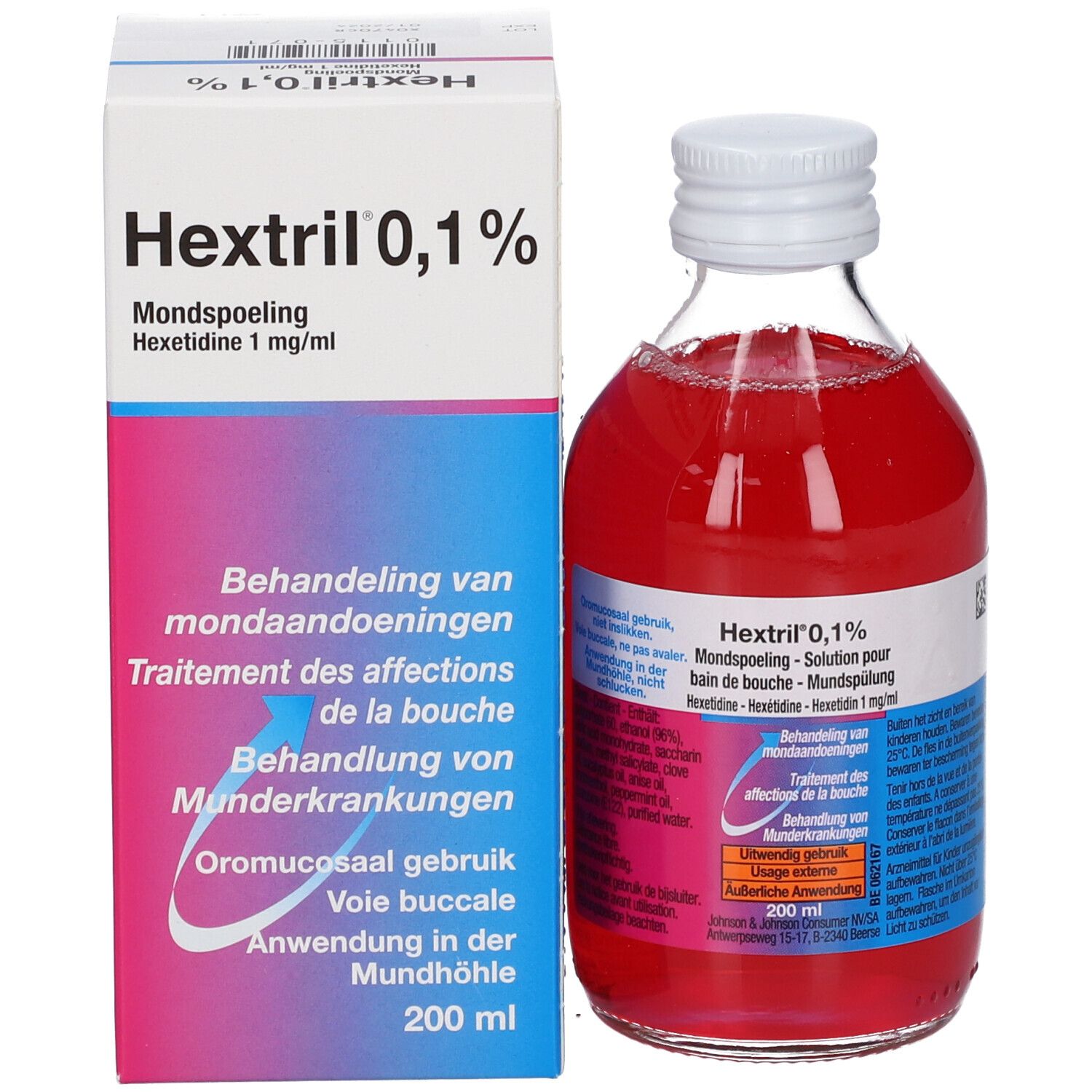 Hextril 0,1% mondspoeling en verpakking. Fles en doos. Wit, roze en blauw. Productinformatie.