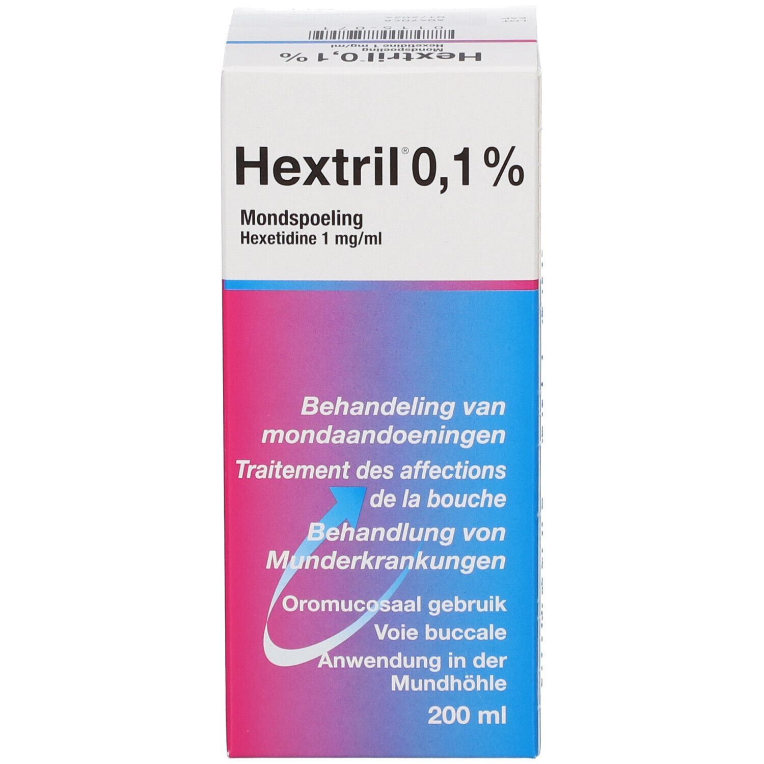 Hextril 0,1% verpakking. Wit, roze en blauw. Productinformatie. Tekst: mondspoeling, hexetidine.