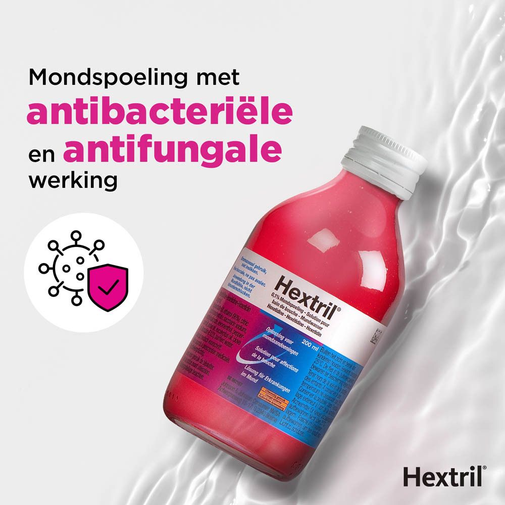 Hextril 0,1% mondspoeling in fles. Rode vloeistof. Antibacteriële en antifungale werking.