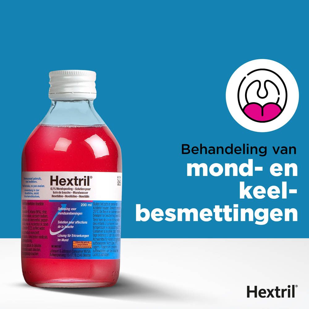 Hextril 0,1% mondspoeling in fles. Rode vloeistof. Behandeling van mond- en keelontstekingen.