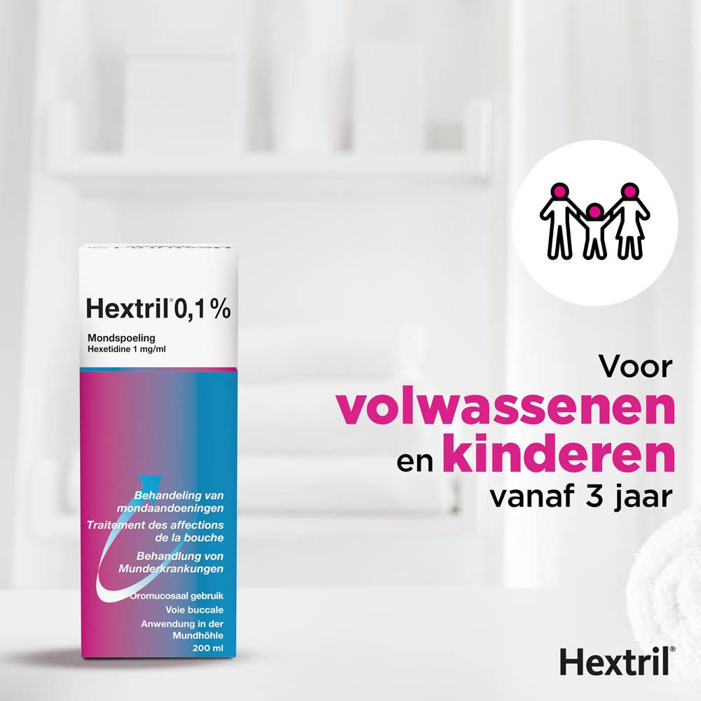 Hextril 0,1% verpakking. Voor volwassenen en kinderen vanaf 3 jaar. Roze, wit en blauw.