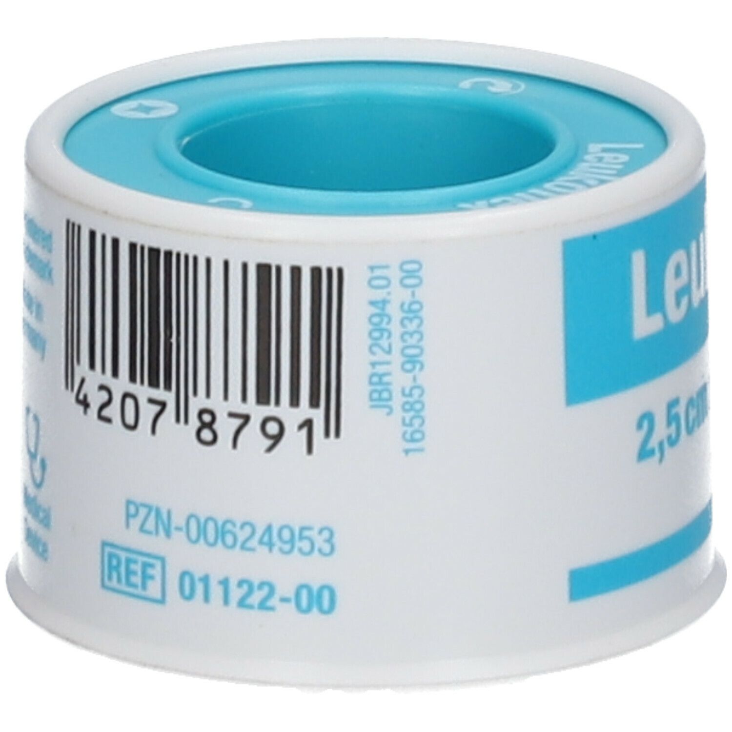 Rouleau de Leukoflex. Code-barres et informations sur ruban blanc. Centre bleu. Numéro REF et code PZN visibles.