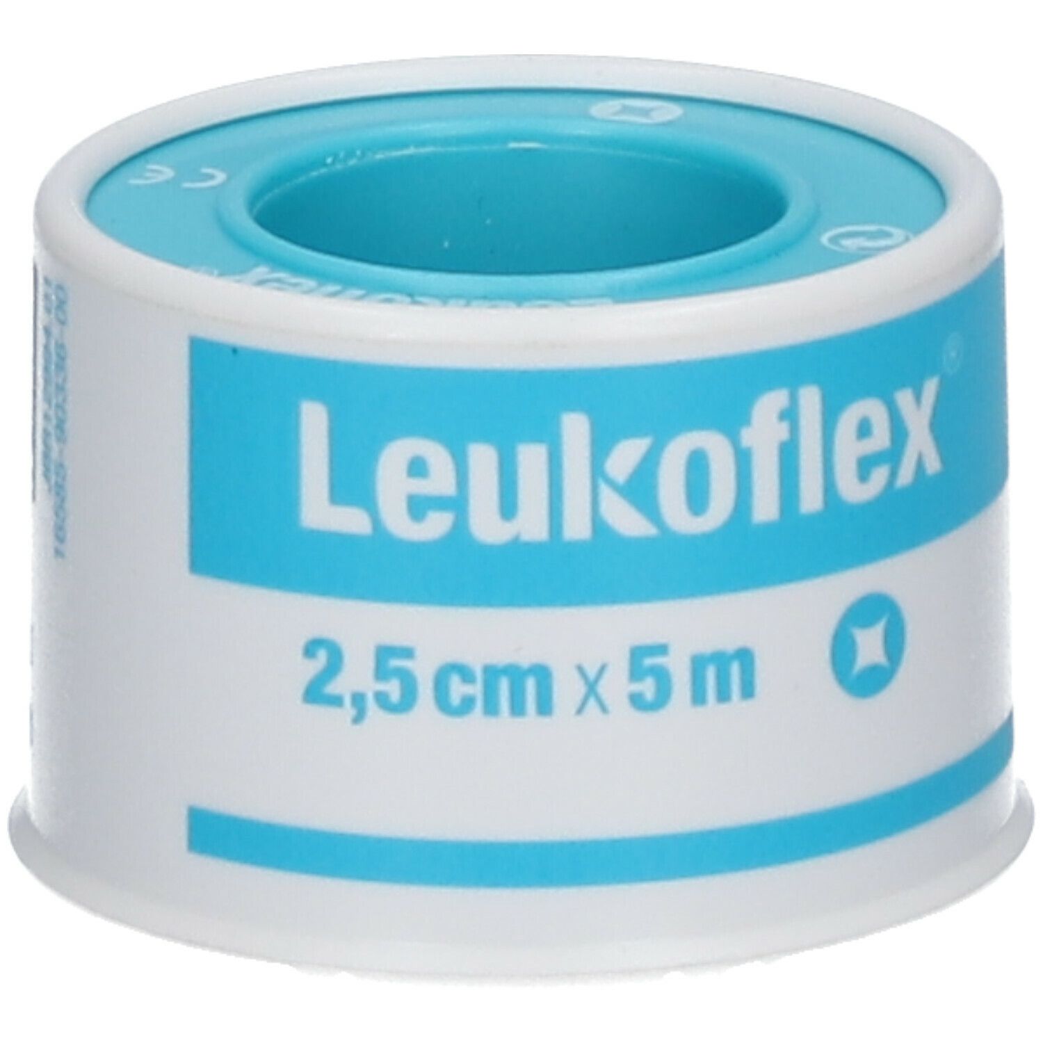Rouleau de Leukoflex 2,5 cm x 5 m. Ruban blanc avec impression et noyau bleus. Nom du produit et dimensions visibles.