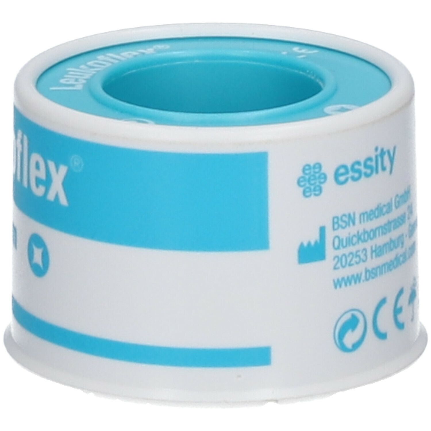 Rouleau de Leukoflex. Informations fabricant et certifications sur ruban blanc. Centre bleu. Marquage CE.
