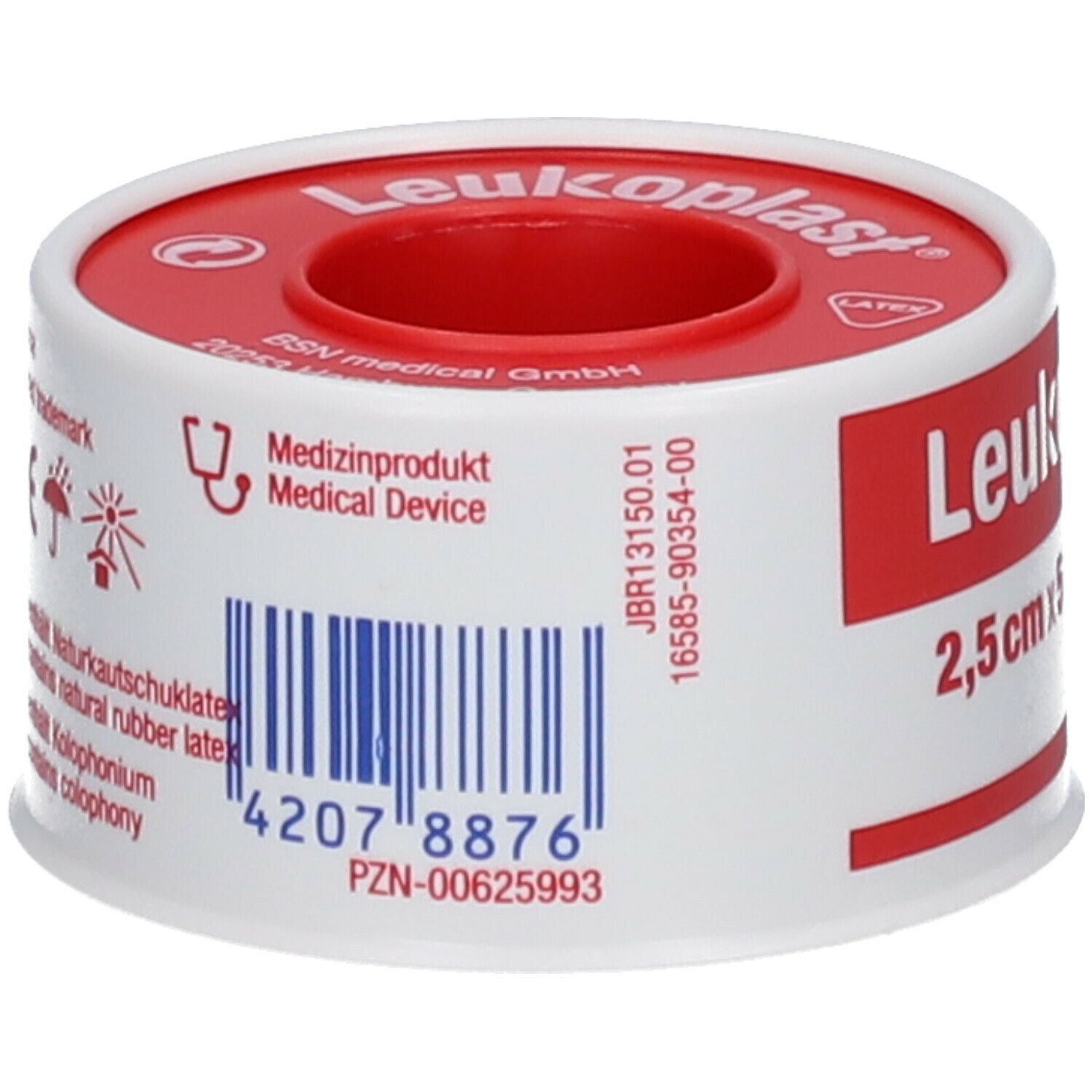 Rouleau de pansement Leukoplast. Emballage blanc et rouge. Dispositif médical. Code-barres et informations.