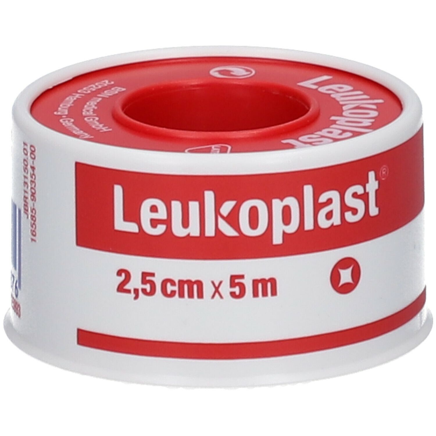Rouleau de pansement Leukoplast, 2,5 cm x 5 m. Emballage rouge et blanc. Nom et dimensions visibles.