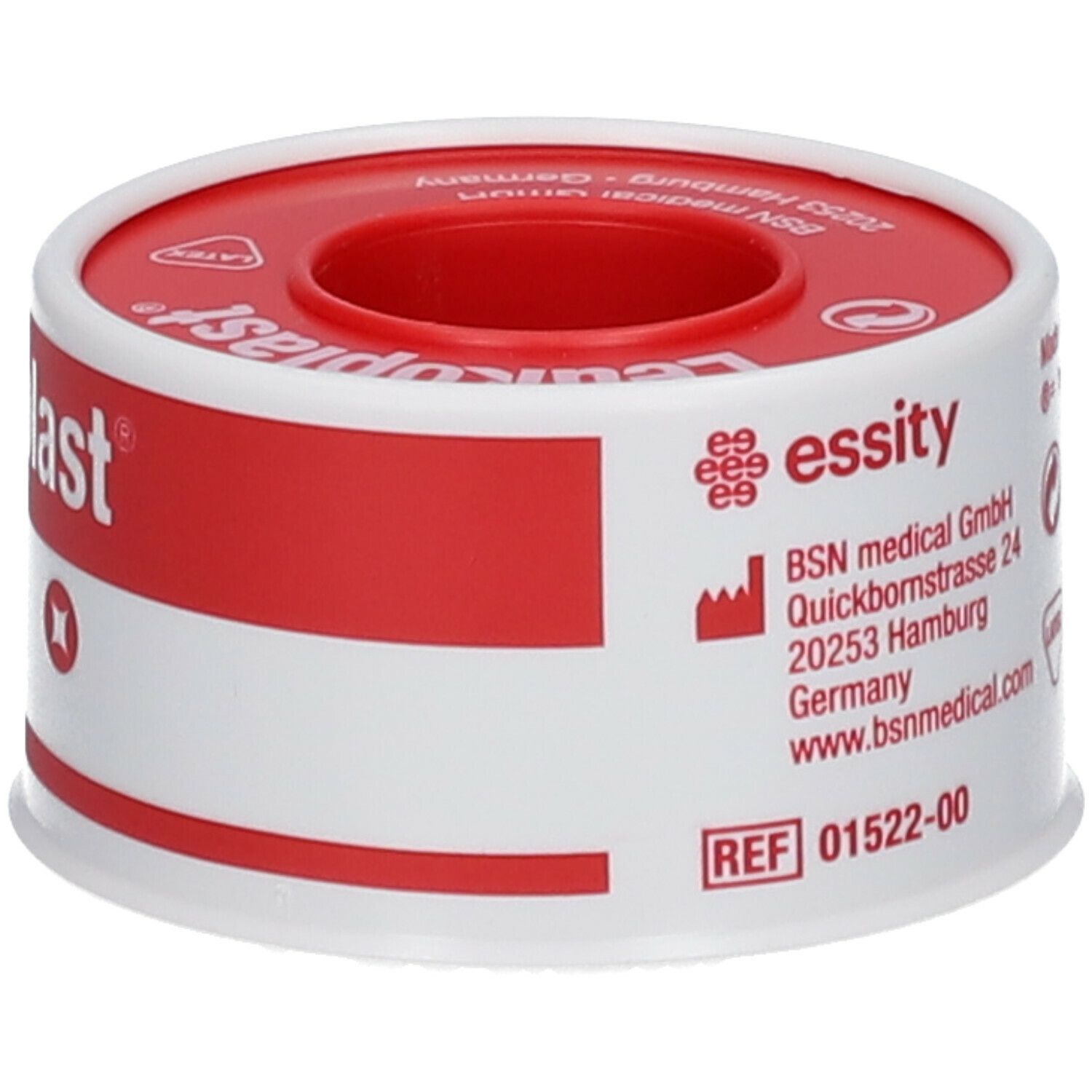 Rouleau de pansement Leukoplast. Emballage blanc et rouge. Logo essity et informations produit.