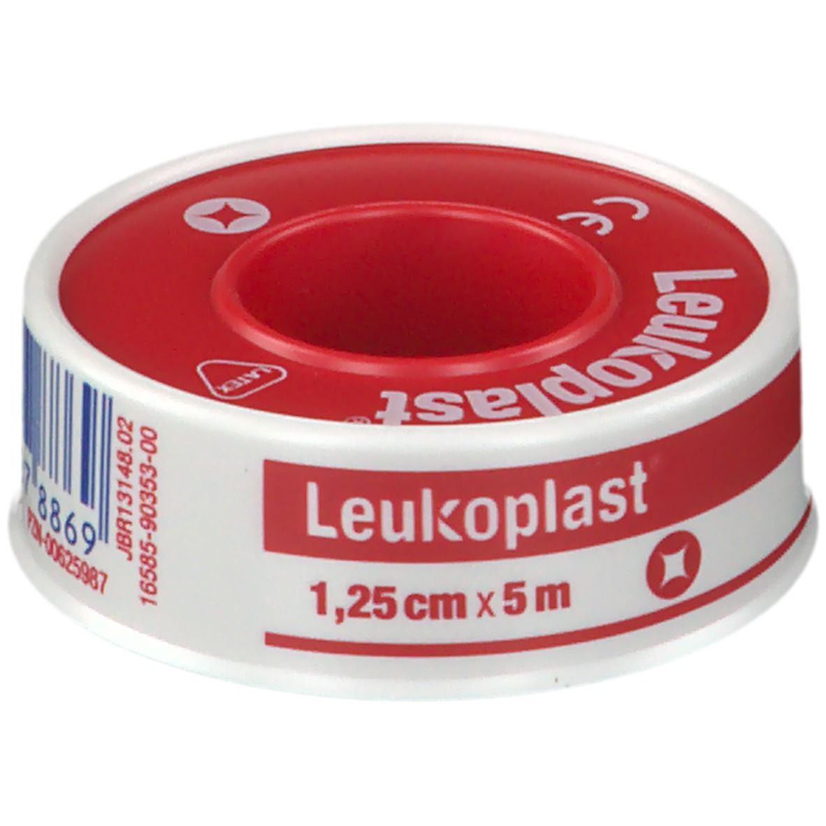 Rouleau de pansement rouge et blanc. Inscription : Leukoplast, 1,25 cm x 5 m. Avec marquage CE.
