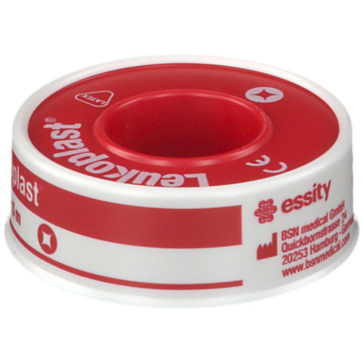 Rouleau de pansement rouge et blanc. Inscription : Leukoplast. Avec marquage CE et logo essity.