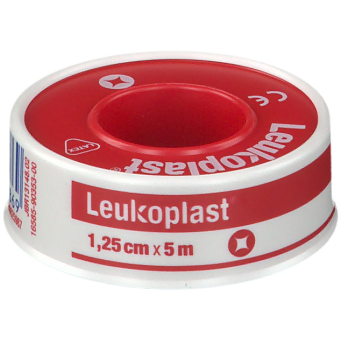 Rouleau de pansement rouge et blanc. Inscription : Leukoplast, 1,25 cm x 5 m. Avec marquage CE.