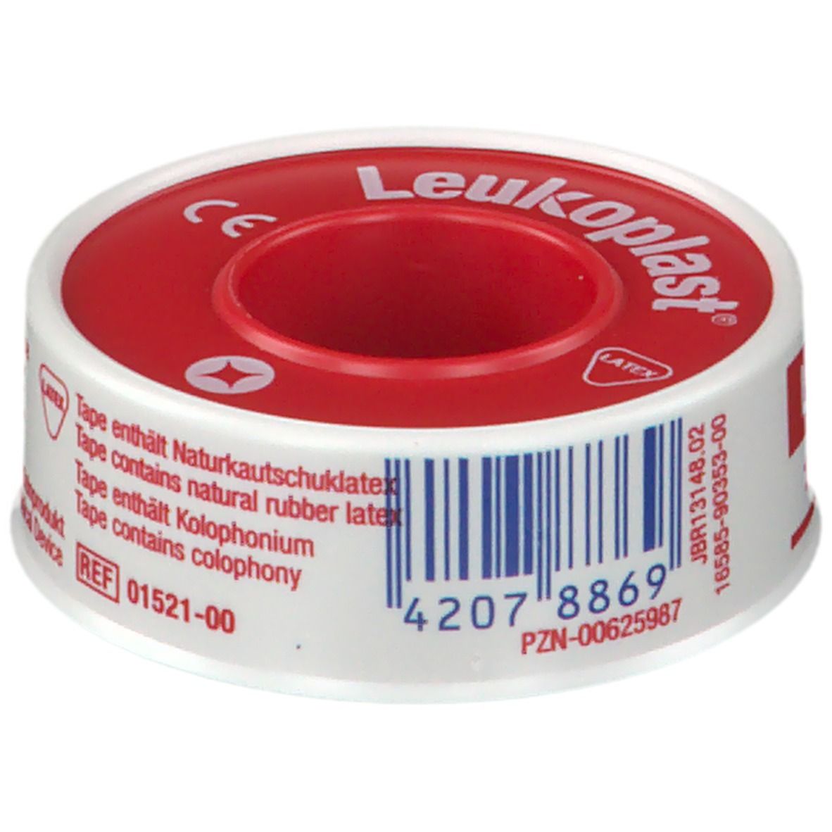 Rouleau de pansement rouge et blanc. Inscription : Leukoplast. Avec marquage CE, code-barres et informations produit.
