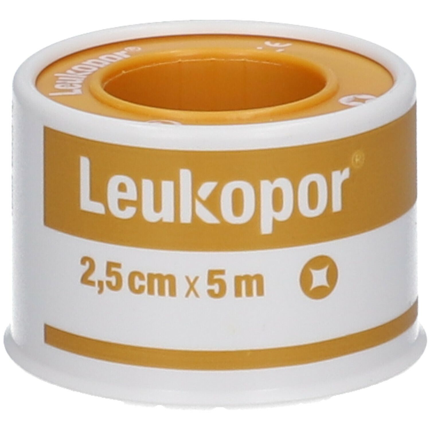Rouleau de sparadrap. Emballage blanc et doré. Inscription : Leukopor, 2,5 cm x 5 m.
