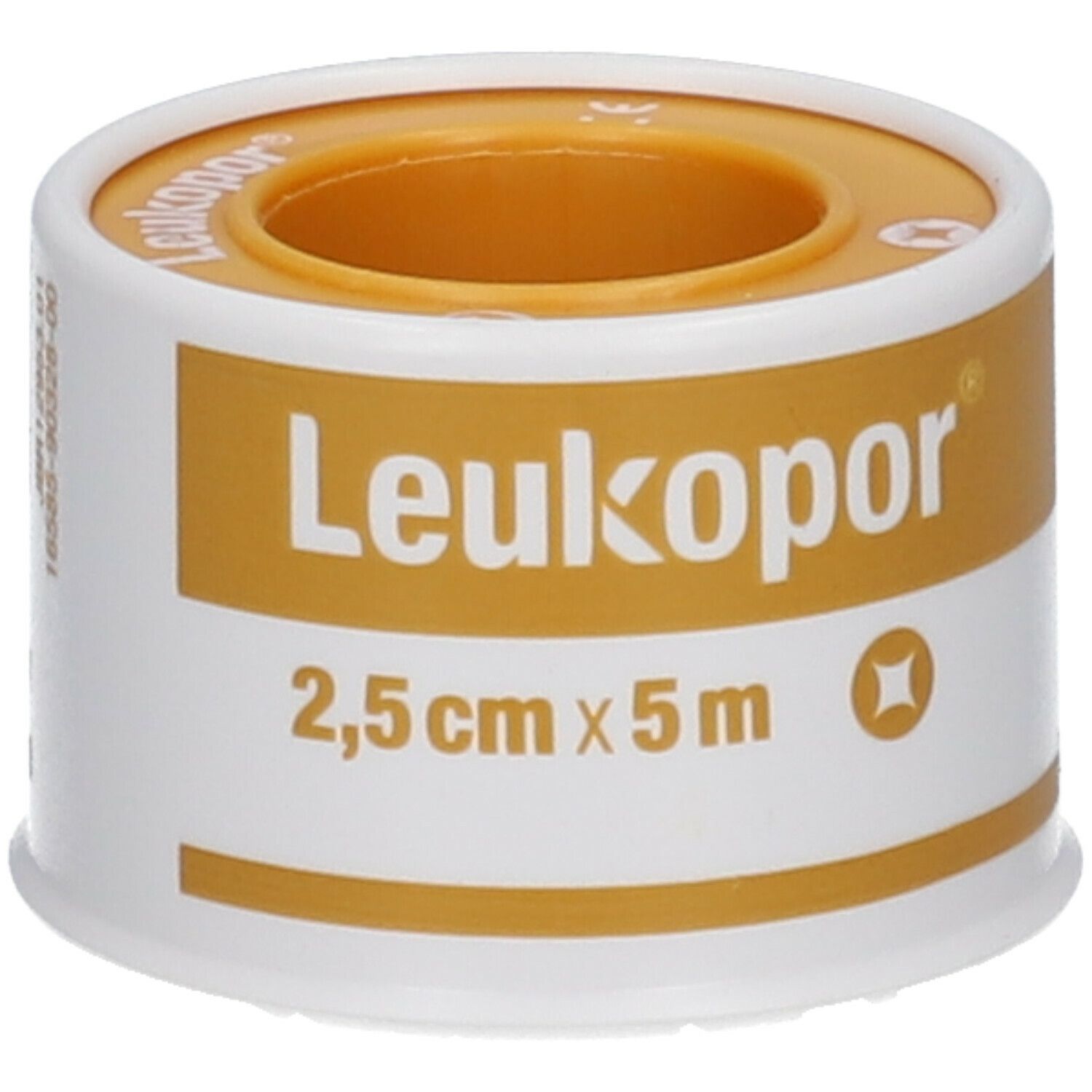 Rouleau de sparadrap. Emballage blanc et doré. Inscription : Leukopor, 2,5 cm x 5 m.