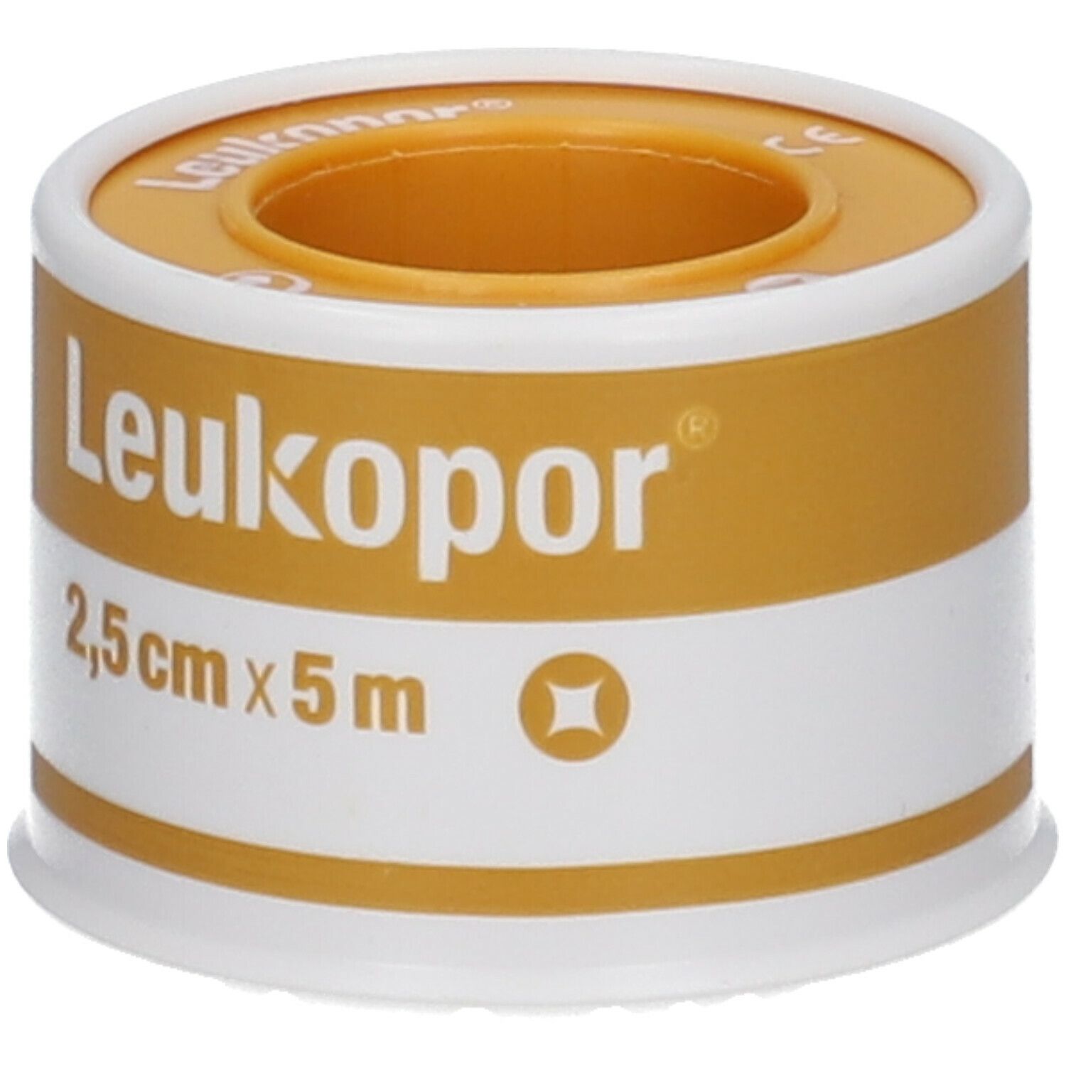 Rouleau de sparadrap. Emballage blanc et doré. Inscription : Leukopor, 2,5 cm x 5 m.
