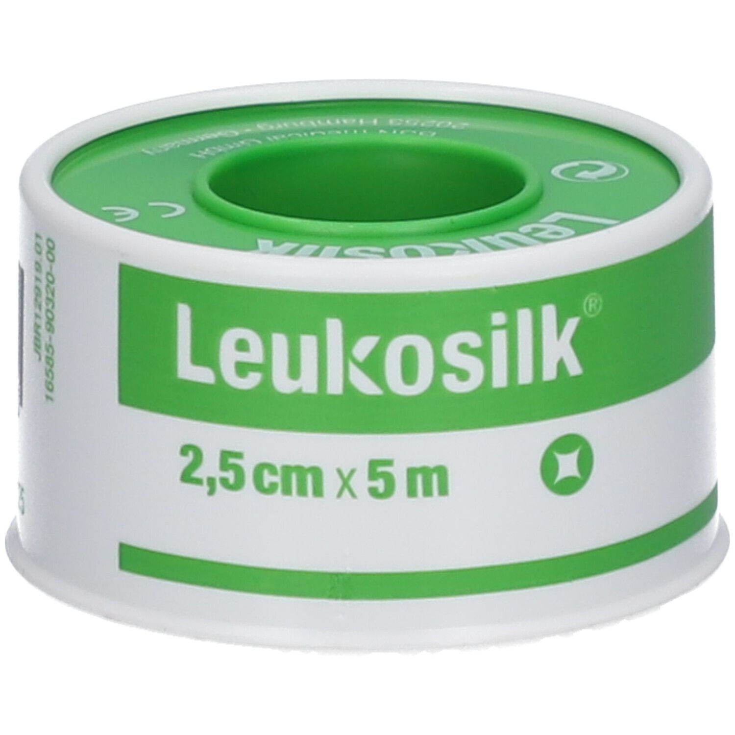 Rol Leukosilk, 2,5 cm x 5 m. Groen en wit. Opschrift Leukosilk, CE-markering.