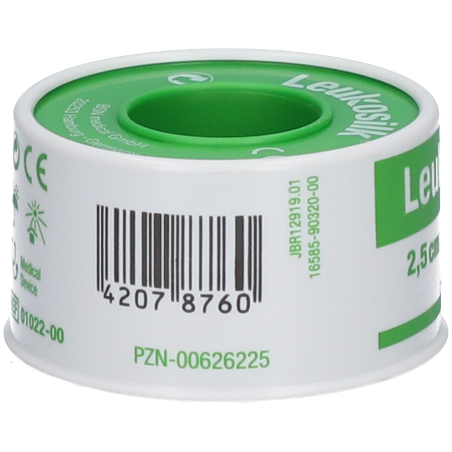 Rol Leukosilk. Streepjescode en PZN-nummer. Groen en wit. Opschrift Leukosilk, CE-markering.